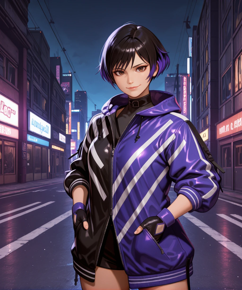 reinamxl, brown eyes, black hair, two-tone hair, purple hair, 
dual colored jacket, fingerless gloves, light smile, 
standing, hip, looking at viewer, hands in pockets, 
night, urban, solo, 
(insanely detailed, masterpiece, best quality), <lora:ReinaMXL-12v1-iLL:1>,