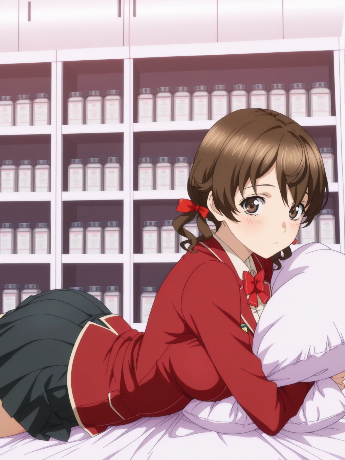 masterpiece, best quality, amazing quality,, <lora:hare-menjou-s1-illustriousxl-lora-nochekaiser:1>, hare menjou, brown hair, twintails, brown eyes, ribbon, hair ribbon, short twintails, mature female, medium breasts, anime screencap, skirt, bow, jacket, pleated skirt, bowtie, blazer, red blazer, red bowtie, black skirt,, <lora:on-stomach-from-side-illustriousxl-lora-nochekaiser:1>, on stomach from side, on stomach, from side, on bed, pillow, pillow hug, looking at viewer, blush, parted bangs, ass, thighs, pharmacy, medicine, shelves, counter, health, cowboy shot, solo, looking at viewer,