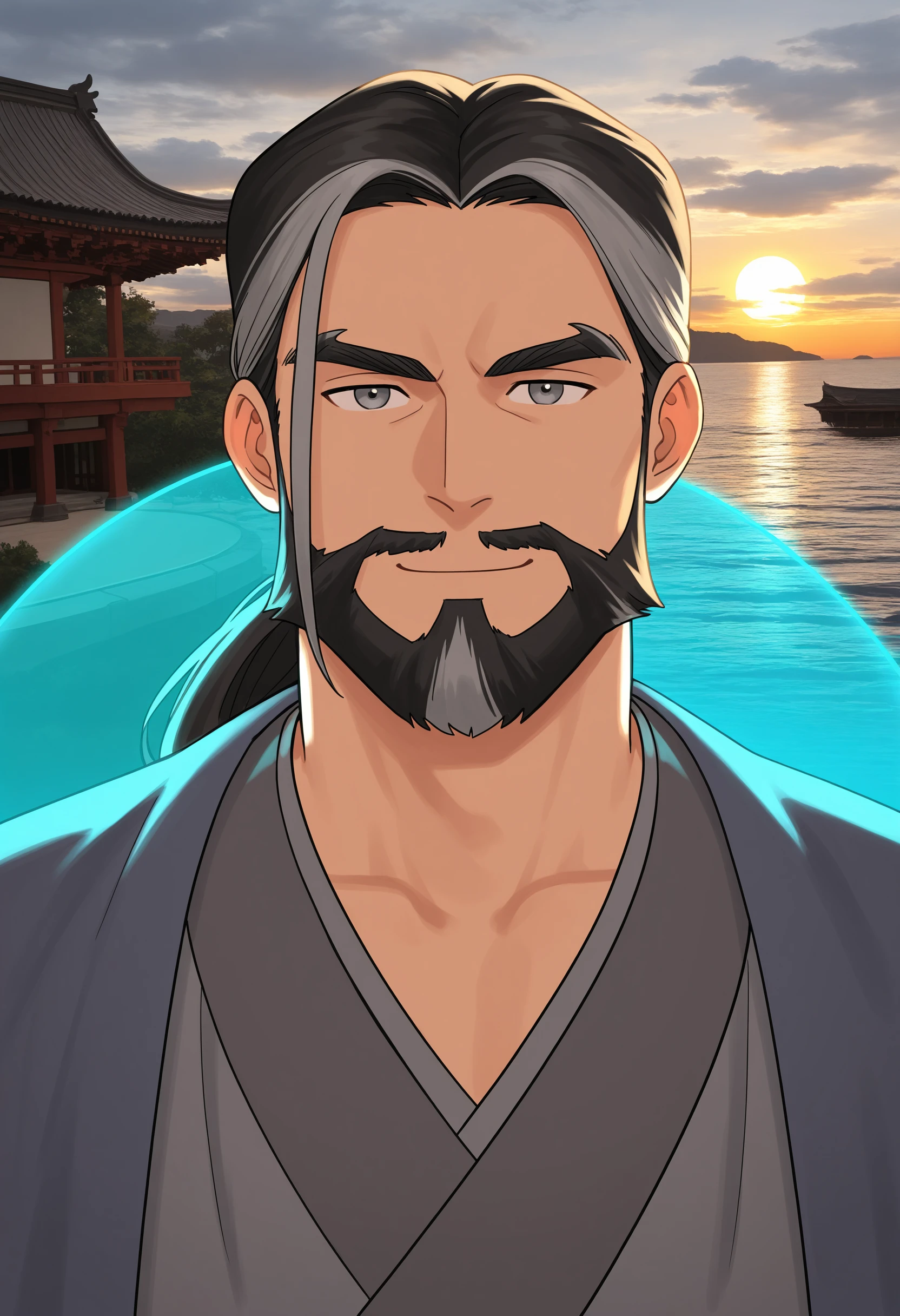 BREAK 1boy, (portrait:1.75), looking at viewer, straight-on, energy shield, ocean, male focus, light smile, temple, east asian architecture, sunset,
BREAK <lora:Dasong_from_The_Legend_of_Hei_2_v0.1:1> dasong, grey eyes, long hair, ponytail, streaked hair, mature male, plump,
BREAK chinese clothes, blue robe, open robe, wide sleeves, grey shirt,
BREAK masterpiece, best quality, absurdres, perfect quality, detailed background, intricate details,