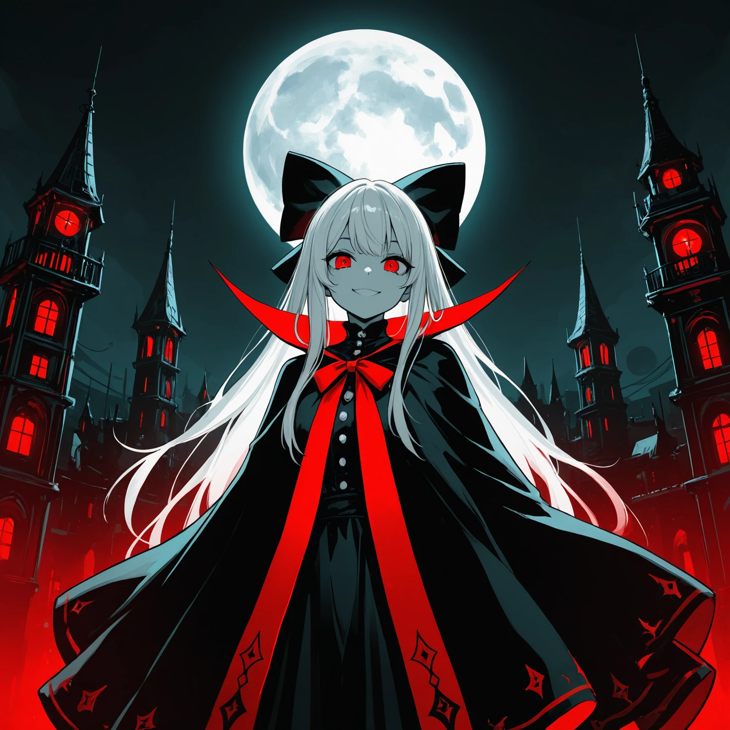very awa, masterpiece, very absurdres, detailed lighting, digital media, clothing, hair, solo, smile, female, 1girl, white hair, red eyes, looking at viewer, clothed, tower, spooky, moon, red and black cloak, limited palette, black hair bow