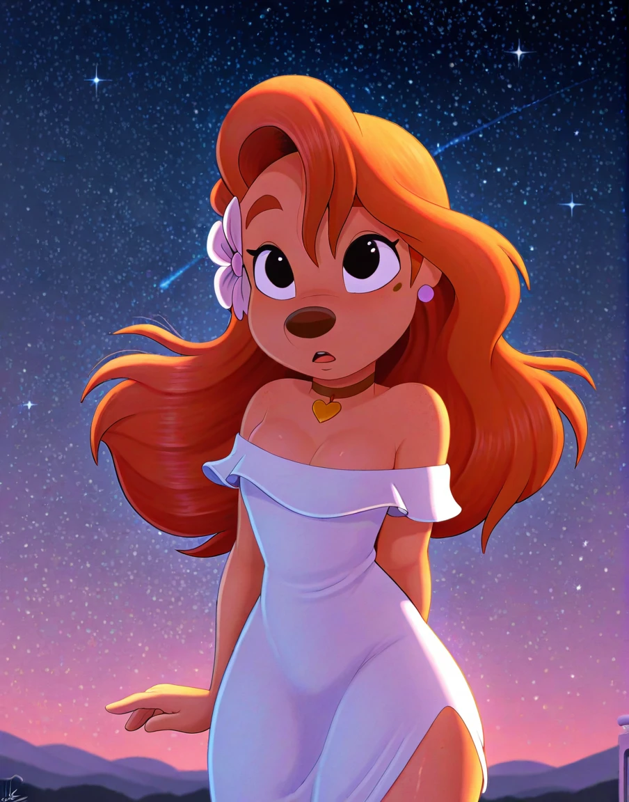 masterpiece, best quality, amazing quality, absurdres, solo, starry sky,
roxannerover, female, tan body, black eyes, brown hair, beauty mark, ear piercing, white dress, bare shoulders, flower in hair,
by tohilewd, <lora:RoxanneXL_023-Illus-nd32-na64-lr1-b2-ep16:1>