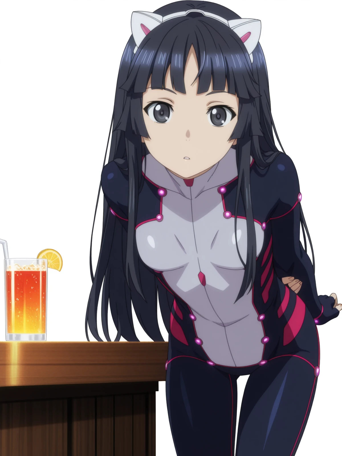 masterpiece, best quality, amazing quality,, <lora:guiltycrown-tsugumi-s1-illustriousxl-lora-nochekaiser:1>, tsugumi, long hair, black hair, animal ears, black eyes, fake animal ears, cat ears, mature female, small breasts, anime screencap, fingerless gloves, bodysuit, hands behind back, bent over,, bar, drinks, stools, counter, nightlife, cowboy shot, solo, looking at viewer, <lora:transparent-background-illustriousxl-lora-nochekaiser:1>, transparent background, simple background, white background