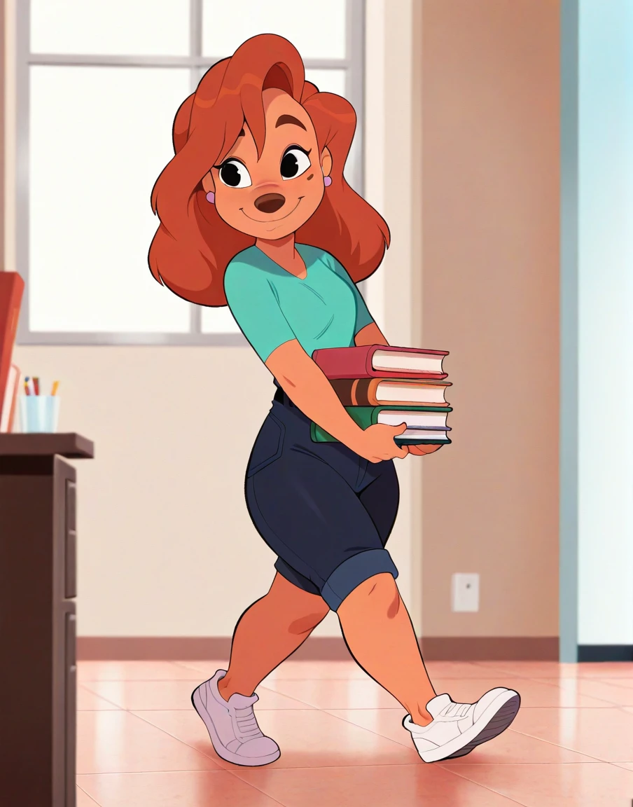 masterpiece, best quality, amazing quality, absurdres, solo, office,
roxannerover, female, tan body, black eyes, brown hair, beauty mark, ear piercing, teal t-shirt, denim shorts, white shoes, holding books, mouth closed, smile, walking,
by Roly, <lora:RoxanneXL_023-Illus-nd32-na64-lr1-b2-ep16:1>