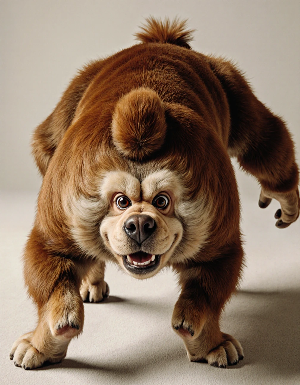 Dynamic action shot, the face of Donkey Kong Junior emerged out of a dog's rear end with face in the butthole., Destructive power, in motion.