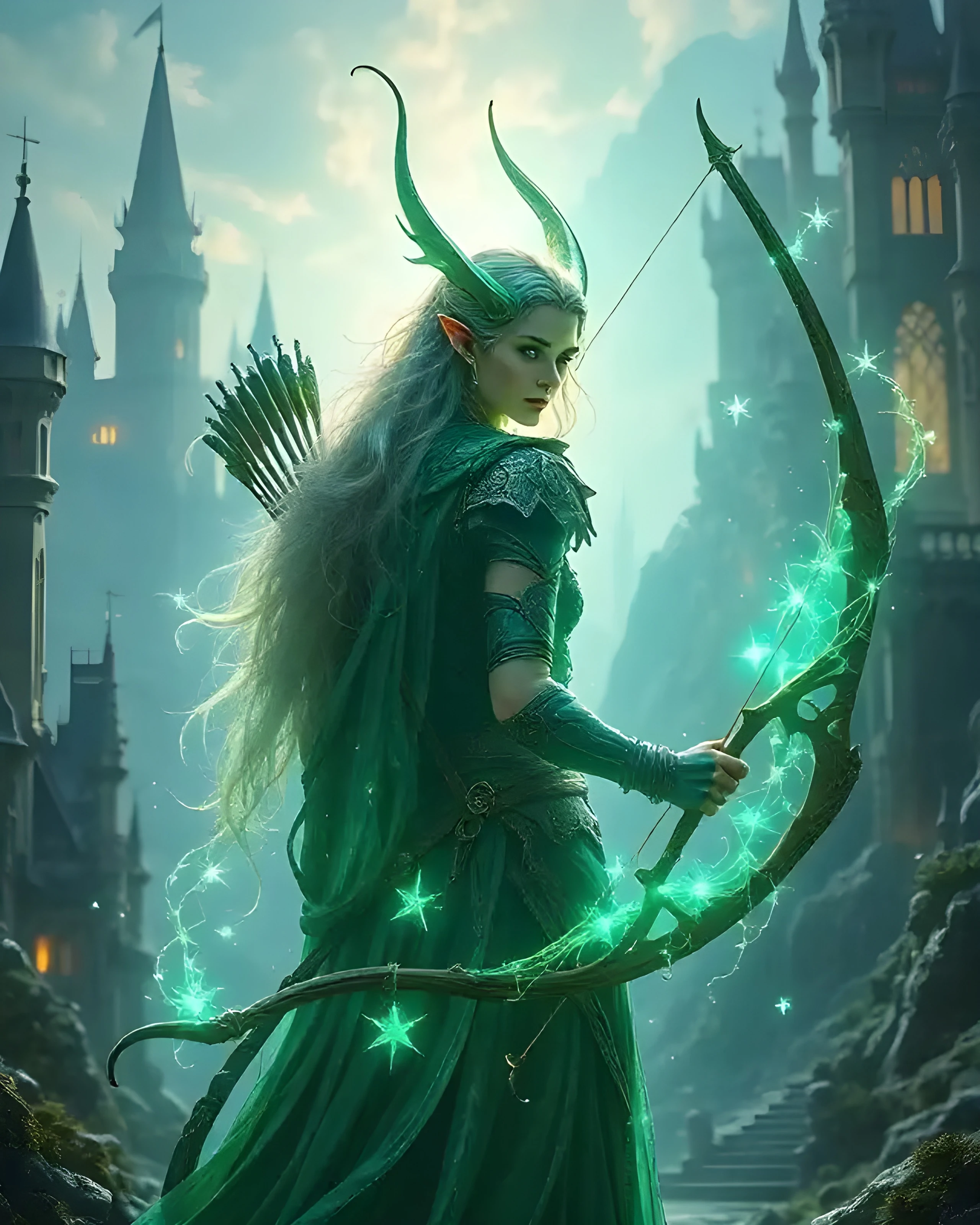 A mystical elf with long, flowing green hair and pointed ears stands poised, holding a glowing bow adorned with sparkling stars. She wears an elegant, intricately designed green dress and armor, blending seamlessly with the enchanted forest backdrop. Majestic castles rise in the background, shrouded in mist, enhancing the fantastical atmosphere of the scene.