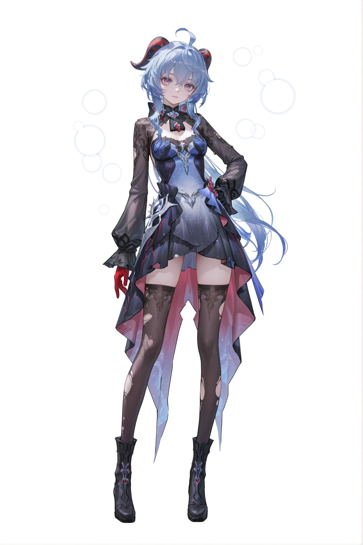 8k,best quality,masterpiece,(ultra-detailed),(high detailed skin),
(artist:reoen:0.826446),(artist:machi:0.9),(artist:ningen_mame:0.9),(artist:sho_(sho_lwlw):0.9),(artist:rhasta:0.9),(artist:wlop:0.7),(artist:ke-ta:0.6),(fkey:0.5),(tianliang duohe fangdongye:0.5),(hiten \(hitenkei\):0.6),best quality,amazing quality,(artist:onineko:0.826446),very aesthetic,bokeh,
masterpiece,best quality,<lora:wqmt-gnoob-Tanger:0.4>,Path to Nowhere \(video game\),game CG,cool,
full body,full shot,standing,looking at viewer,(solo:1.2),simple background,(white background:1.2),hand on own hip,(white background:1.1),
<lora:Hysilens-noob-Tanger:0.8>,
ganyu \(genshin impact\),blue hair,
clothes: Hysilensdef white-and-black dress,Hysilensdef thighhighs,Hysilensdef mismatched gloves,long sleeves,torn thighhighs,black left glove,red right glove,