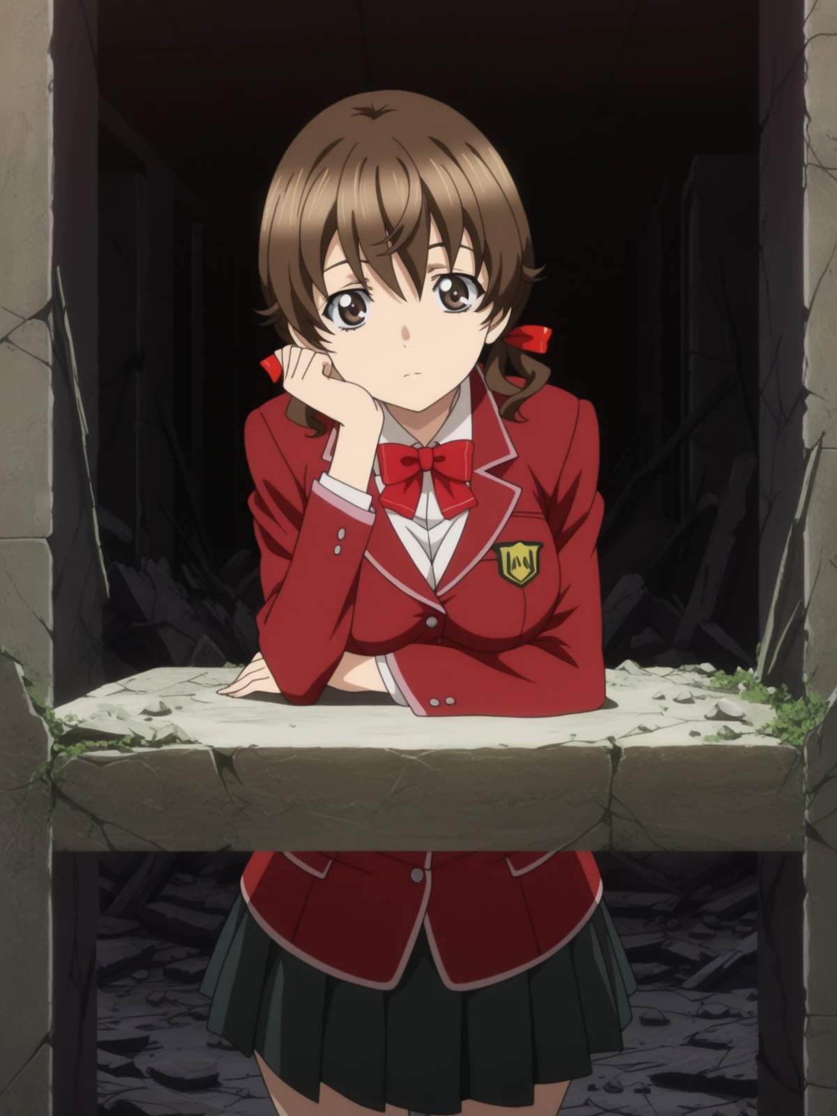 masterpiece, best quality, amazing quality,, <lora:hare-menjou-s1-illustriousxl-lora-nochekaiser:1>, hare menjou, brown hair, twintails, brown eyes, ribbon, hair ribbon, short twintails, mature female, medium breasts, anime screencap, skirt, bow, jacket, pleated skirt, bowtie, blazer, red blazer, red bowtie, black skirt,, head rest, ruins, old, stone, history, fallen, cowboy shot, solo, looking at viewer,