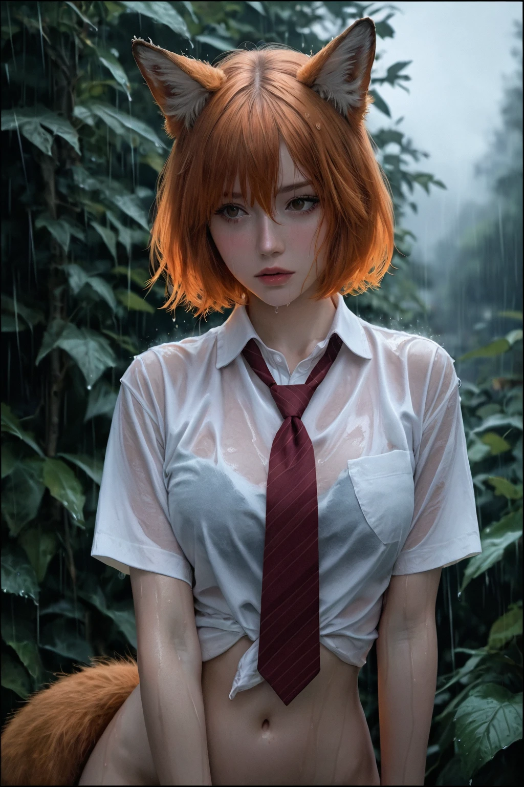 masterpiece, best quality, amazing quality, very aesthetic, high resolution, ultra detailed, perfect details, realistic, photorealistic, BSS_RSGRL, 1girl, solo, animal_ears, tail, shirt, fox_ears, necktie, fox_tail, wet, white_shirt, red_necktie, blush, rain, navel, wet_clothes, wet_shirt, collared_shirt, orange_hair, short_hair, parted_lips, fox_girl, upper_body, hair_between_eyes, , looking_away, wet_hair, border, brown_eyes, animal_ear_fluff