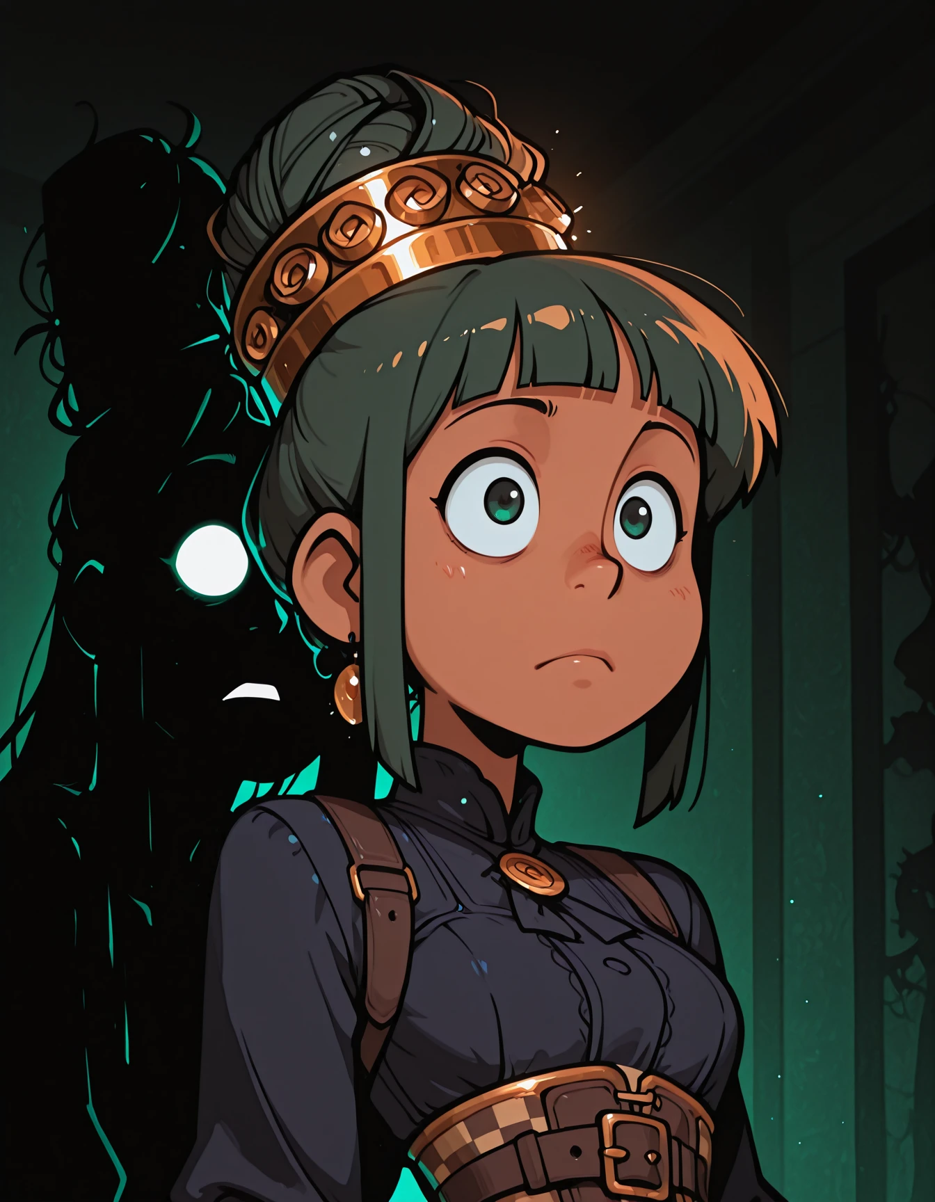woman, disappointed, -_-, beehive hairdo, rose gold hair, blunt bangs, hair rollers, lone nape hair, tanned, checkered headwear, watson cross, sliding, fengguan, adrian helmet, zip-up corset belt, style parody, gradient text, dark maroon, dark green and dark navy, (silhouette:1.2), strong backlight, soft bounced lighting, deep contrast, Rembrandt lighting, low key lighting, masterpiece, best quality, highres, newest, year 2024, absurdres, Nichijou_illu,style parody, anime screenshot