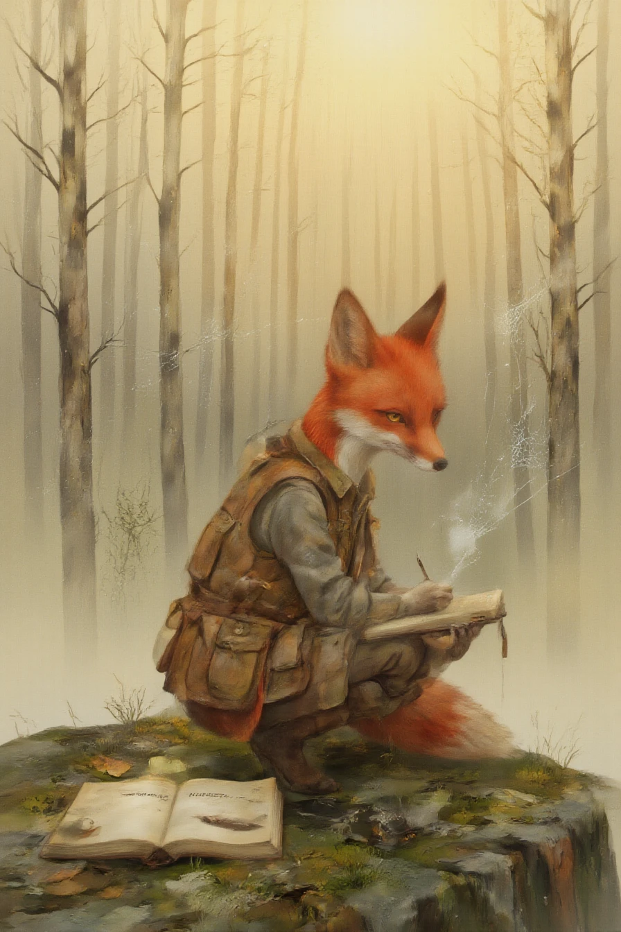 <lora:shurochka:1>1. Shurochka the Observer â In the First Light of Dawn
A sleek red fox with calm amber eyes crouches on a mossy stone at the forest edge, her practical vest covered in small pockets. She holds a well-worn notebook and a magnifying glass, writing with quiet focus. The page reads: âNoticed:â¦â Her tail rests low, still, like a shadow. Around her: dewdrops on spiderwebs, a single feather drifting down, the first rays of sun piercing the mist. Background: a quiet clearing at dawn, soft golden light filtering through tall pines. Style: whimsical childrenâs book illustration, soft watercolor textures, warm lighting. Mood: observant, serene, deeply present.
