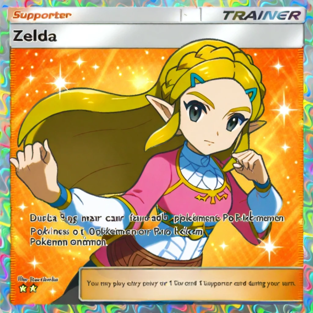 Pkmn_pkt, card \(medium\), dynamic pose, dynamic angle, princess zelda, orange background, upper body,