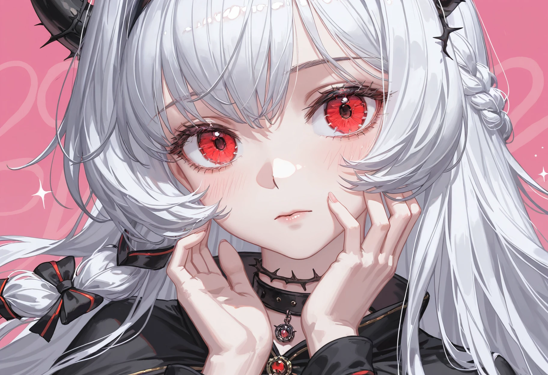 oil painting,impasto,highres,extremely detailed 8k wallpaper,illustration,depth of field,great quality,masterpiece,best quality,amazing quality,very aesthetic,absurdres,wallpaper,detail eyes,
artist:dino_(dinoartforame),artist:konya_karasue,(artist:nixeu:0.8),(artist:wlop:0.5),artist:ciloranko BREAK
portrait,1girl,close-up,flat color,upper body,eye focus,sparkle,blush,
look at looking at viewer,
head_tilt,hands together,hands on right face,pink background,love background,<lora:æ®é西æ:0.9>,braid,hair intakes,one horns,long hair,red eyes,white hair,
diyitaopulixila,diyipuli black belt,diyipuli black capelet,diyipuli choker,diyipuli black taut long dress,diyipuli black hairband,diyipuli detached sleeves,diyipuli balck and red hair ribbon,thorns,