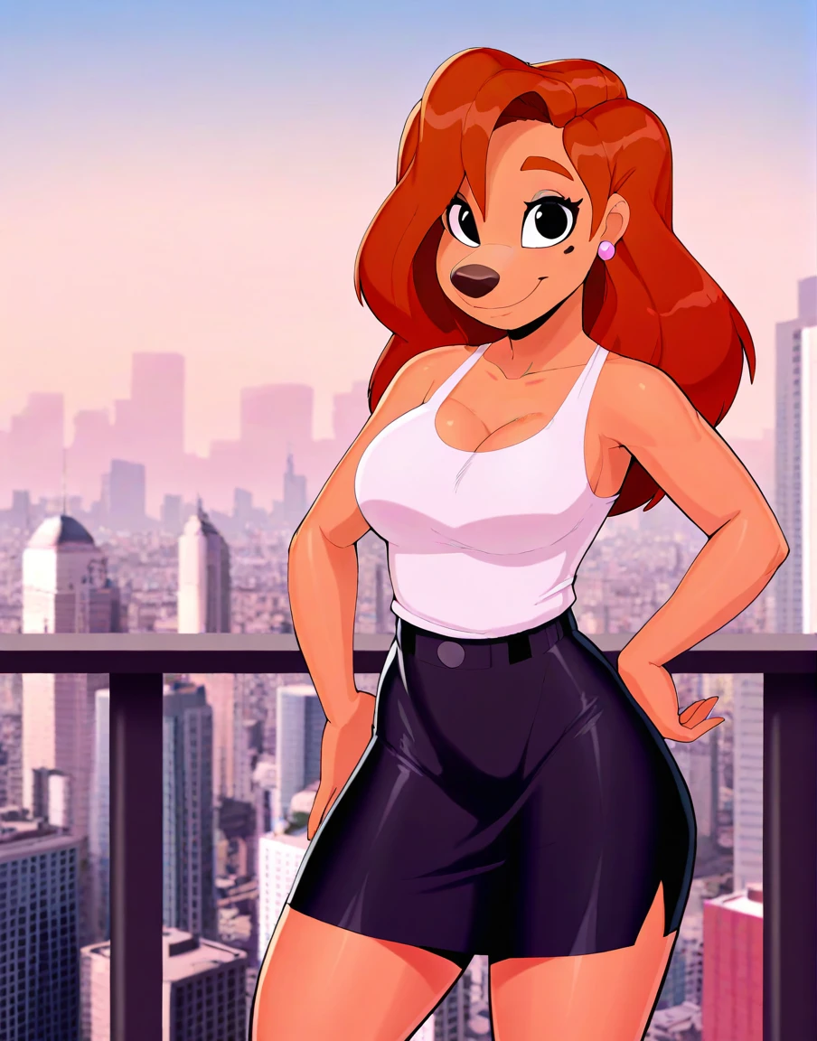 masterpiece, best quality, amazing quality, absurdres, solo, city skyline, day,
roxannerover, female, tan body, black eyes, brown hair, beauty mark, ear piercing,  tank top,  pencil skirt, looking at viewer, three-quarter view, smile, mouth closed, one hand on hip,
by plankboy, <lora:RoxanneXL_023-Illus-nd32-na64-lr1-b2-ep16:1>