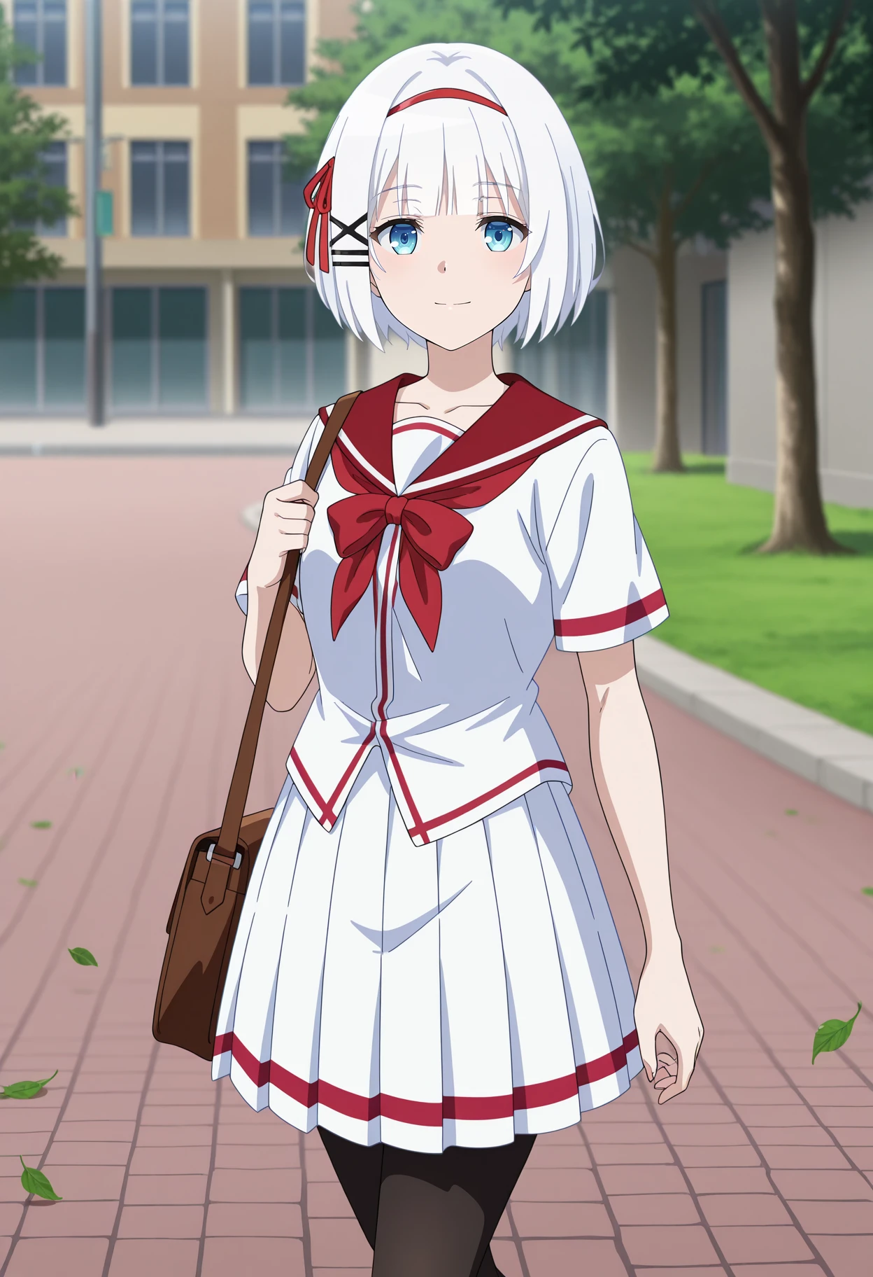 anime screencap, masterpiece, best quality,
1girl, solo, closed mouth, light smile, 
blunt bangs, short hair, white hair, blue eyes, x hair ornament, red hairband, hair ribbon, red ribbon,
red sailor collar, collarbone, white shirt, red neckerchief,  short sleeves, pleated skirt, white skirt, black pantyhose, 
shoulder bag, brown bag,
walking, looking at viewer, cowboy shot, tachi-e, three quarter view, 
outdoors, pavement, tree, building, grass, day, falling leaves, photo background, blurry background,
<lora:TanteiWaMouShindeiru_Siesta_IlluXL:0.9>
