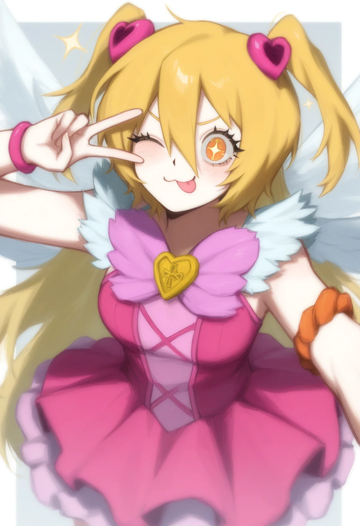 project moon, limbus company, don quixote \(project moon\), + +, 1girl, :3, armband, blonde hair, blush, dress, e.g.o \(project moon\), queen of hatred, queen of hatred \(cosplay\), cosplay,  long hair, one eye closed, orange armband, orange eyes, pink dress, solo, tongue, tongue out, two side up, v, v over eye, 
 <lora:limbus_vellmori:0.9>, masterpiece, best quality, highres, absurdres