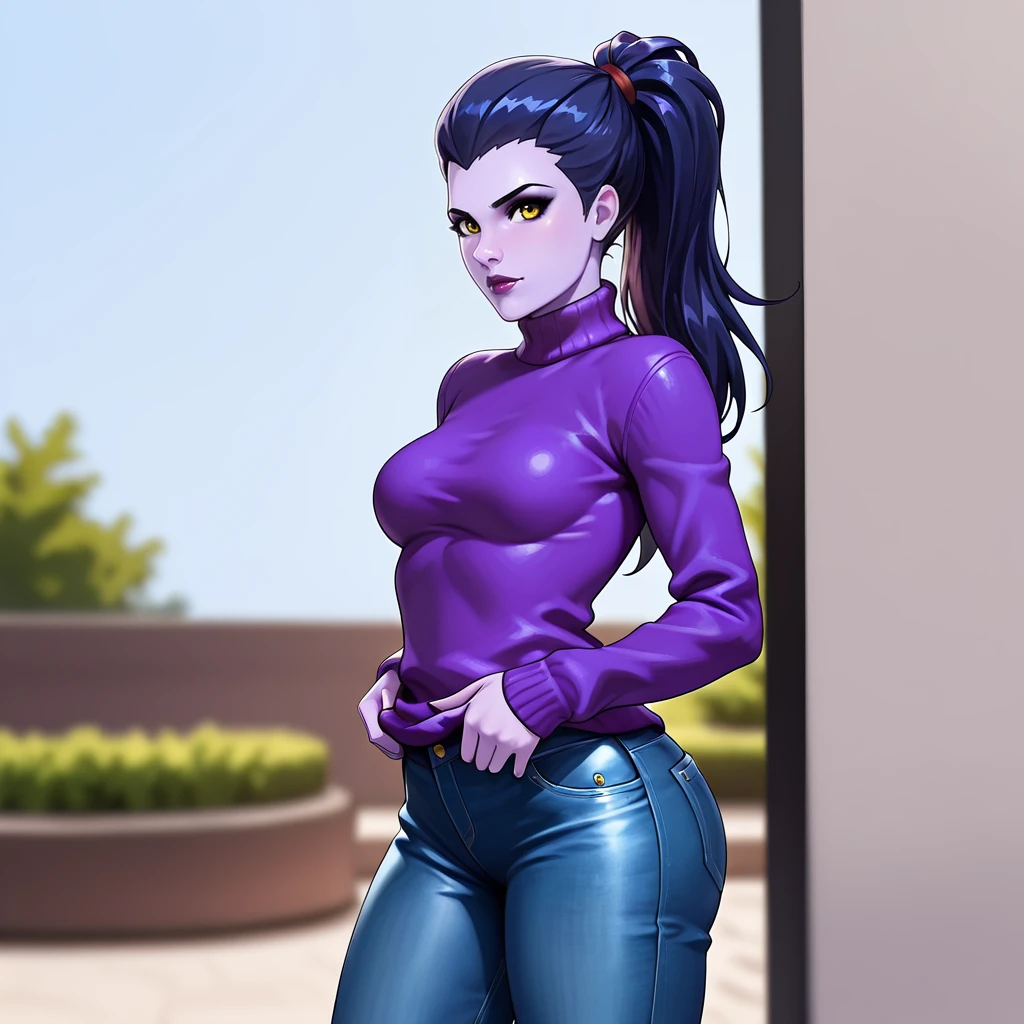 <lora:WidowMaker_illustrious_v1:1> WidowMaker, 1girl, widowmaker (overwatch), solo, medium breasts, purple skin, colored skin, yellow eyes, hair pulled back, ponytail, long hair, purple hair, purple lips, makeup, cowboy shot, sweater, jeans