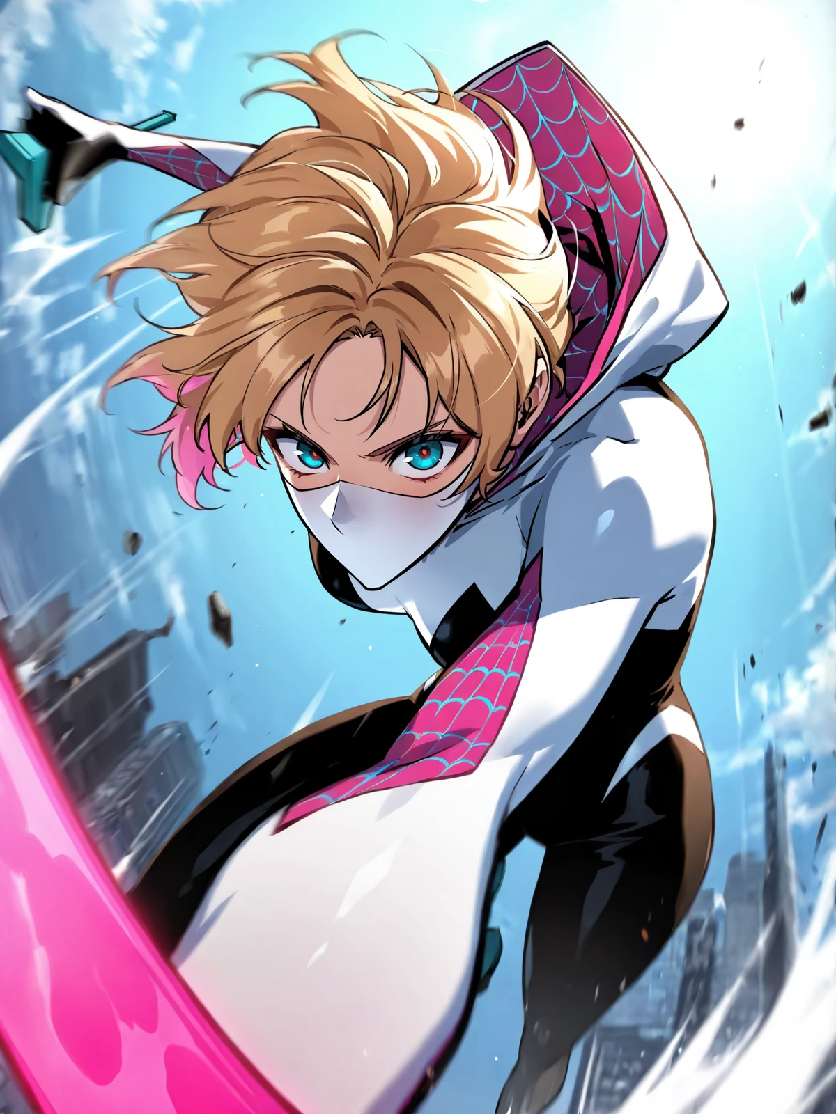 1girl,spider-gwen,mask,cowboy shot,potrait,looking at viewer,epic,<lora:Omniscient_Reader_rank16_fp16:0.8>,omn1sc1entr3ad3r,(detailed background:1.2),web shooting,fighting,<lora:perspective:0.8>,perspective,, best quality,high quality,extremely detailed,8K HD,Subsurface scattering,epic,hdr,intricate details,8k,(hyperdetailed:1.2),(vivid colors:1.2),better shadows,