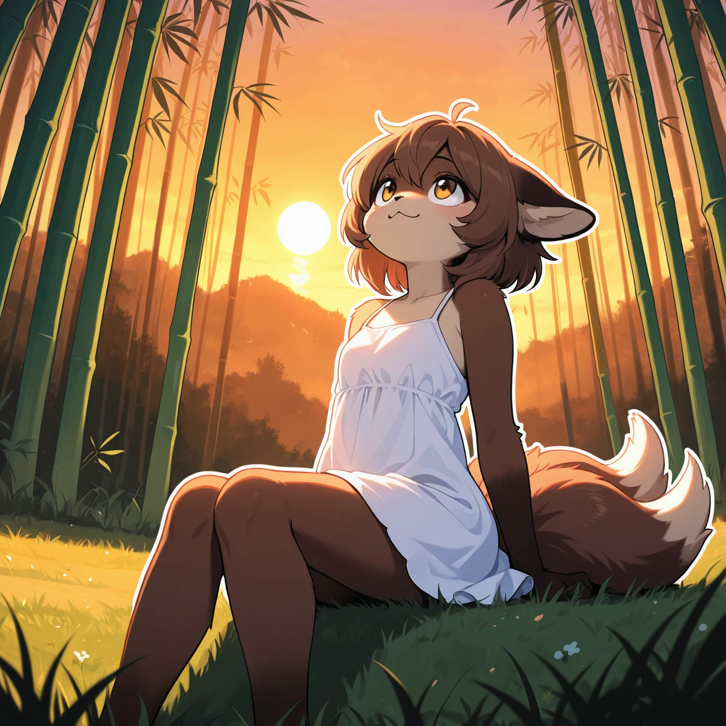 masterpiece, best quality, very absurdres, digital media, detailed, outline, solo, female, anthro, brown fur, two tails, white dress, sitting on grass, looking up, sunset, bamboo forest, cute, :3