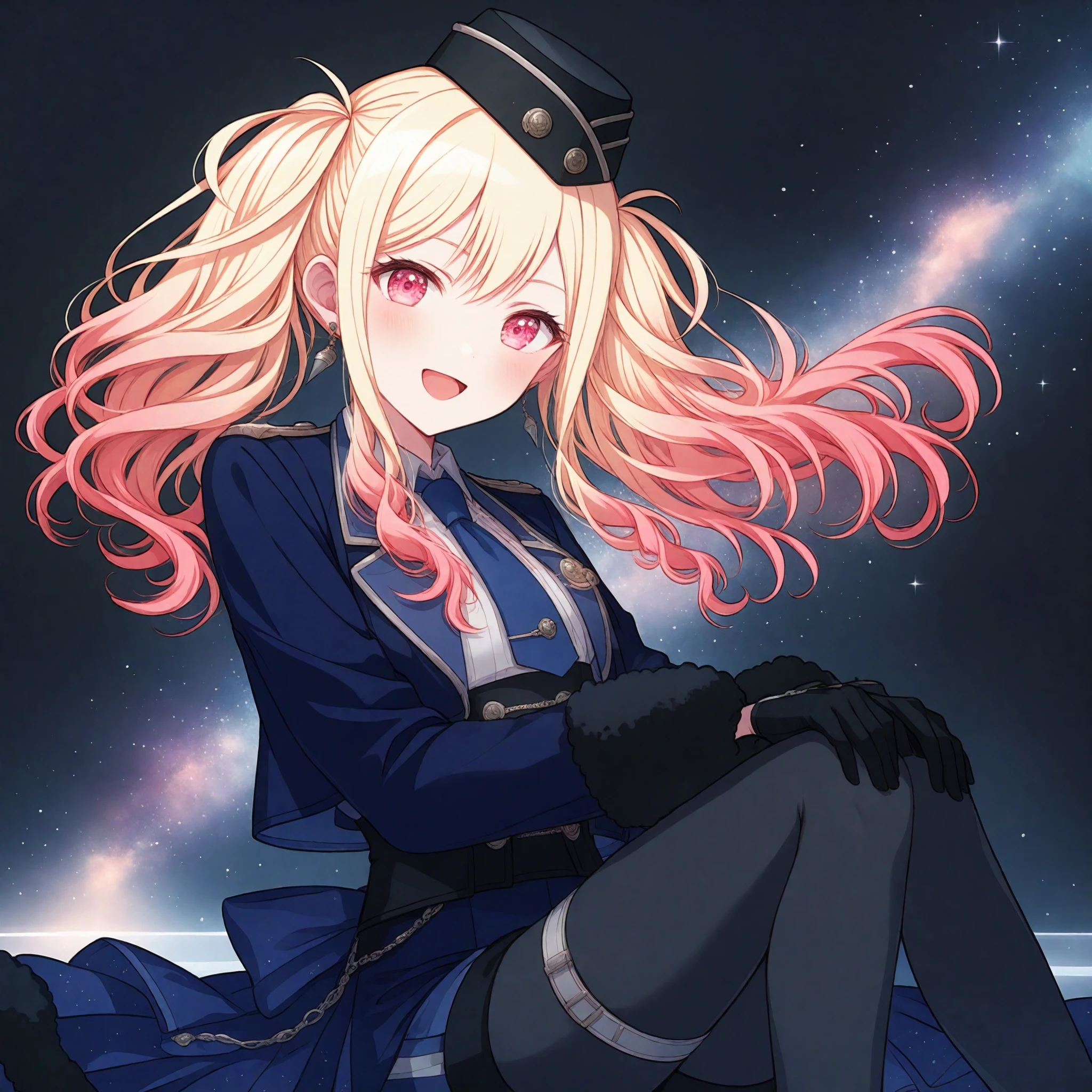 nijistyle, 1girl, tenma saki, project sekai, solo,
regulussk, twintails, gradient hair, pink eyes, detailed eyes, :D,
looking at viewer, sitting, hands on knee, four fingers and thumb, cowboy shot,
single earring, blue shorts, black gloves, blue necktie, white shirt, blue jacket, black pantyhose, garrison cap, thigh strap, fur trim, collared shirt, black headwear, fur-trimmed sleeves,
midnight, dark, beautiful starry sky, constellation,
masterpiece, amazing quality, very aesthetic, ultra detailed, highres,
<lora:hand 5.5:1>, <lora:ObIL-style-nijistyle02:0.8>, <lora:ObIL-leo-RegulusSk01:0.6>