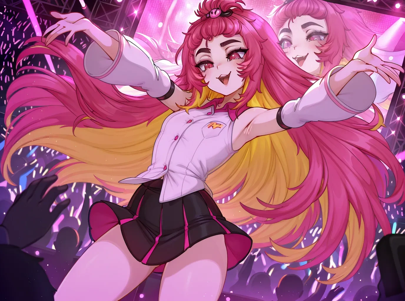 (masterpiece, absurdres, newest, best quality, absolutely eye-catching), 1girl, solo, <lora:Pipi_Slayer-000005:0.9> ppslayer, flat chest, very long hair, bangs pinned up, multicolored hair, collared shirt, button shirt, short skirt, detached sleeves, dancing, on stage, crowd, <lora:Granblue Fantasy XLV2:0.5>, <lora:PDXL_artist_tags_v2_big:0.5> by merunyaa