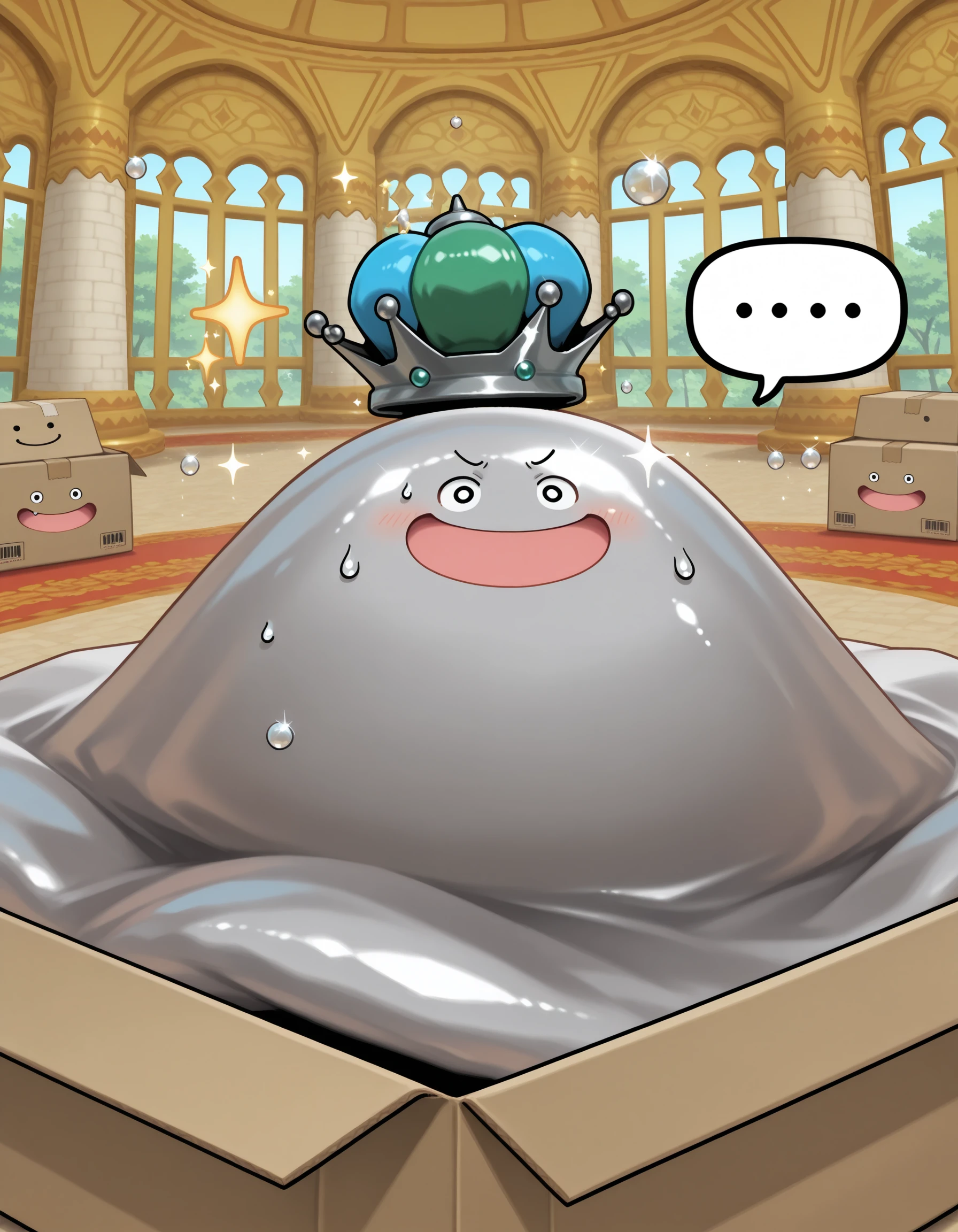 masterpiece,extreme detailed,day,indoors BREAK 1other,solo,no humans,no_legs,hagureking,crown,:D,slime \(creature\),sparkle,bubble,<lora:hagurin-ILv2:1>,cardboard box,in_box,sweatdrop,spoken ellipsis,wavy eyebrows,confused,