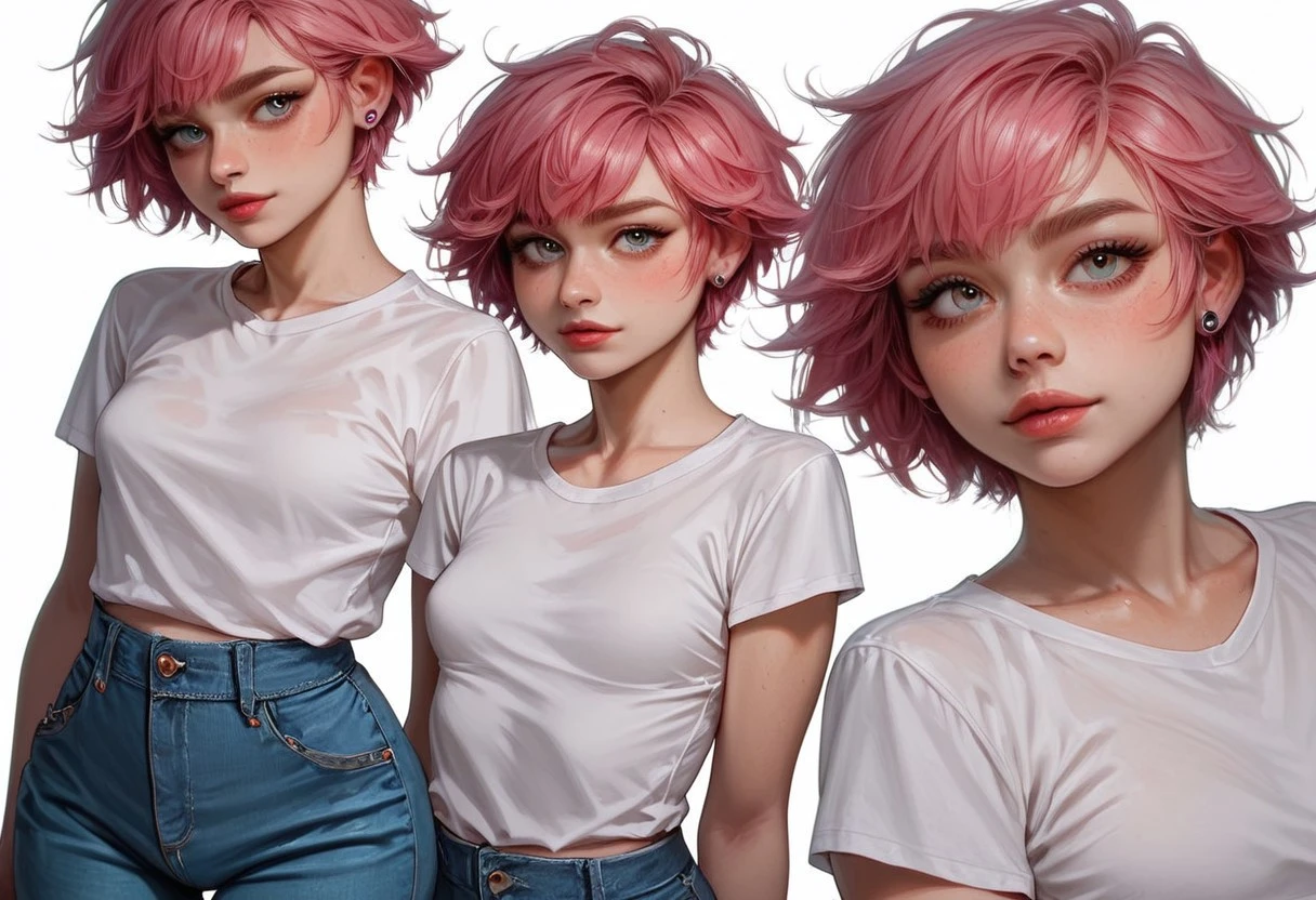 score_9_up, score_9, score_8_up, score_8, score_7_up, score_7, cinematic lighting, raw, high quality, 4k resolution, absurdres, masterpiece, dynamic lighting, high contrast, morimee_style, LEXI_GV,
1 trans-girl, 20 years old, (pink hair, short hair, punk hair, perfect body, perfect breasts, small soft breasts, fit, sexy, thin waist, wide hips, thigh gap, posing, cute face, (white t-shirt, powder blue trousers),
cowboy-shot, (side view:0.8),
(white background:1.2)