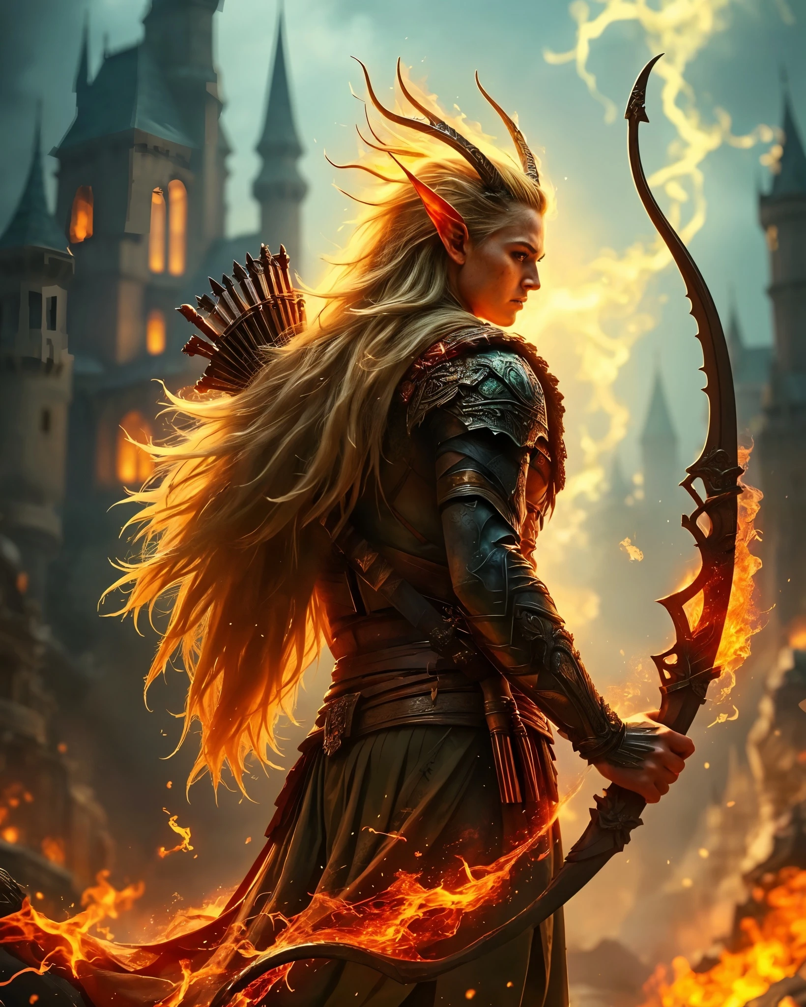 A fantasy elf warrior stands in profile with long, flowing blonde hair and pointed ears, exuding a mystical aura. Clad in intricate armor with fiery accents, he holds a beautifully crafted bow, embellished with flames. In the background, a dark medieval castle looms under a smoky sky, adding to the dramatic atmosphere. The scene is illuminated by a warm, fiery glow, enhancing the epic, battle-ready stance of the character.