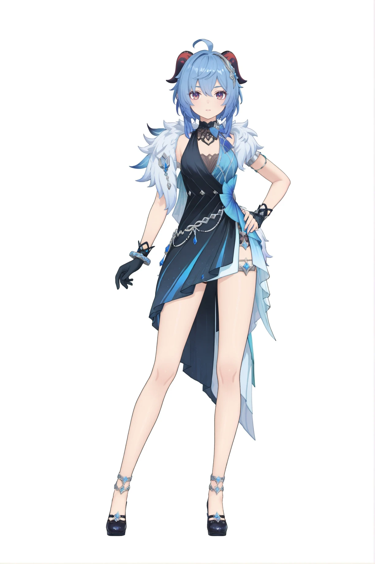 8k,best quality,masterpiece,(ultra-detailed),(high detailed skin),
(year 2024:0.8),flat color,artist:maidforge,artist:aqua inc.,artist:edoya inuhachi,artist:reoen,artist:fuzichoco,
full body,full shot,standing,looking at viewer,(solo:1.2),simple background,(white background:1.2),hand on own hip,(white background:1.1),
ganyu \(genshin impact\),
<lora:yela_newc-noob-Tanger:0.9>,
clothes: yelanew blue-and-black dress,yelanew alternate costume,1girl,yelanew single glove,jewelry,bracelet,sleeveless,yelanew fur trim,