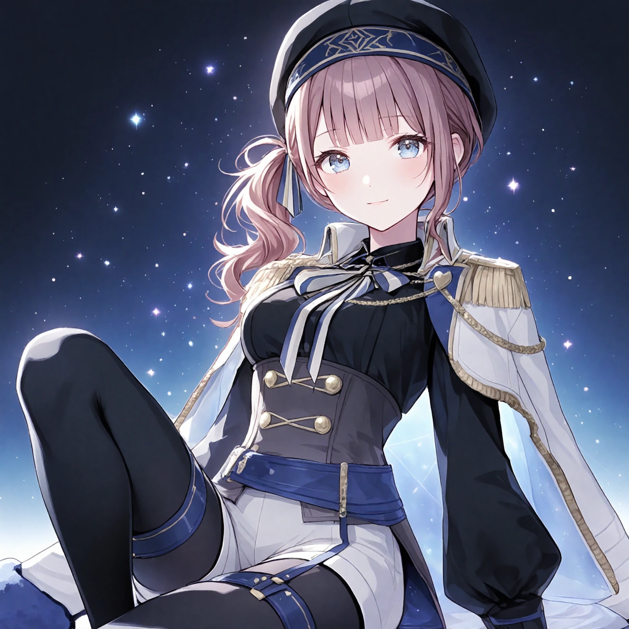 nijistyle, 1girl, michizuki honami, project sekai, solo,
regulushn, blue eyes, side ponytail, blunt bangs, brown hair,
looking at viewer, sitting, leaning back, support arms, knee up, sideways glance, light smile,
black gloves, black headwear, white shorts, corset, puffy long sleeves, black pantyhose, striped ribbon, , epaulettes, black shirt, beret, neck ribbon, white ribbon, white cape, gold trim, high collar, black shirt, jacket on shoulders, aiguillette, chain, buttons, garter straps, light blue fabric,
dark, midnight, beautiful starry sky, leo, regulus, glowing, ray tracing, cinematic lighting,
masterpiece, best quality, amazing quality, very aesthetic, ultra detailed, highres,
<lora:hand 5.5:1>, <lora:ObIL-style-nijistyle02:0.8>, <lora:ObIL-leo-RegulusHn01:0.6>