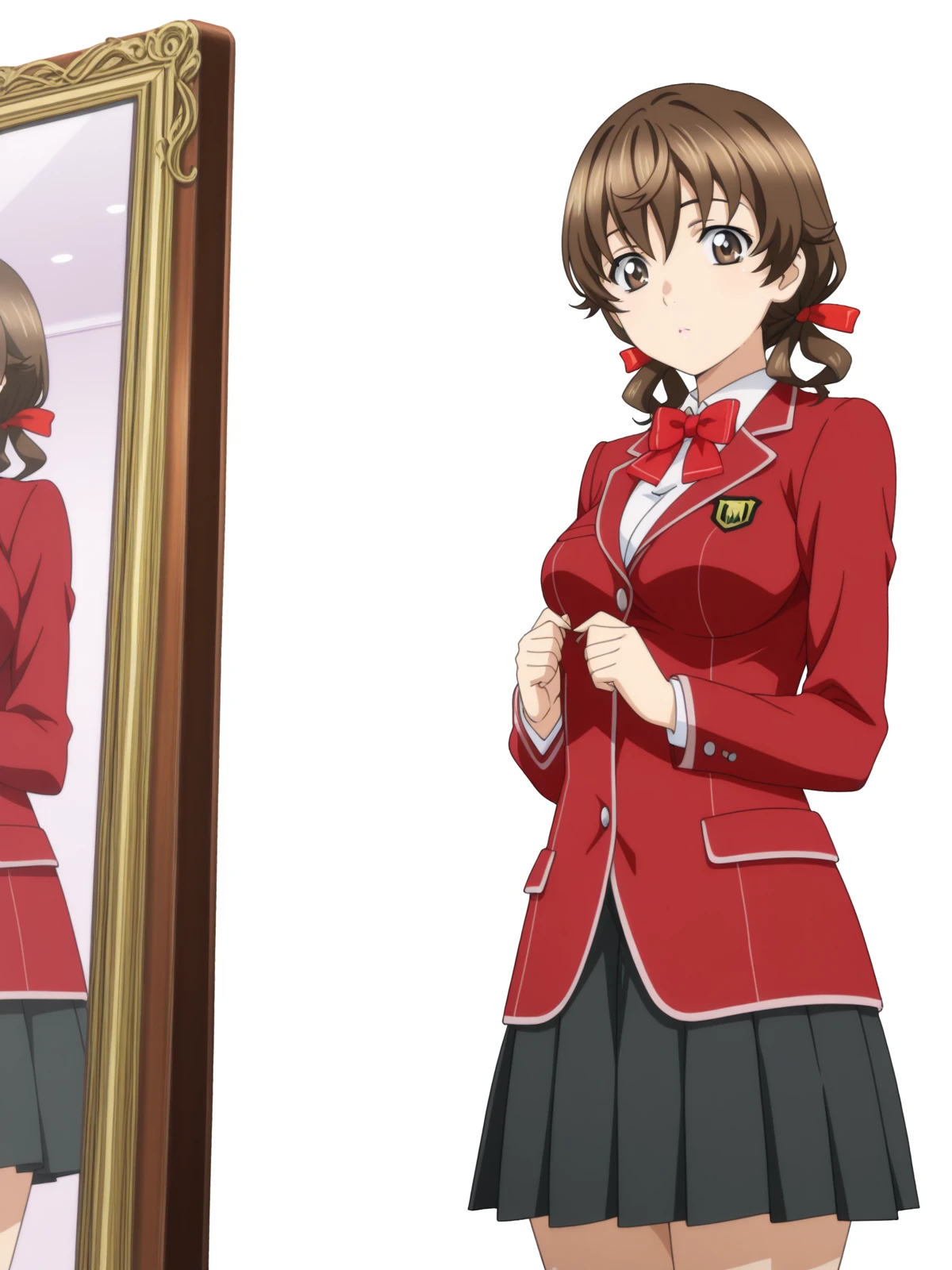 masterpiece, best quality, amazing quality,, <lora:hare-menjou-s1-illustriousxl-lora-nochekaiser:1>, hare menjou, brown hair, twintails, brown eyes, ribbon, hair ribbon, short twintails, mature female, medium breasts, anime screencap, skirt, bow, jacket, pleated skirt, bowtie, blazer, red blazer, red bowtie, black skirt,, from below, dressing room, mirror, lights, costumes, makeup, cowboy shot, solo, looking at viewer, <lora:transparent-background-illustriousxl-lora-nochekaiser:1>, transparent background, simple background, white background