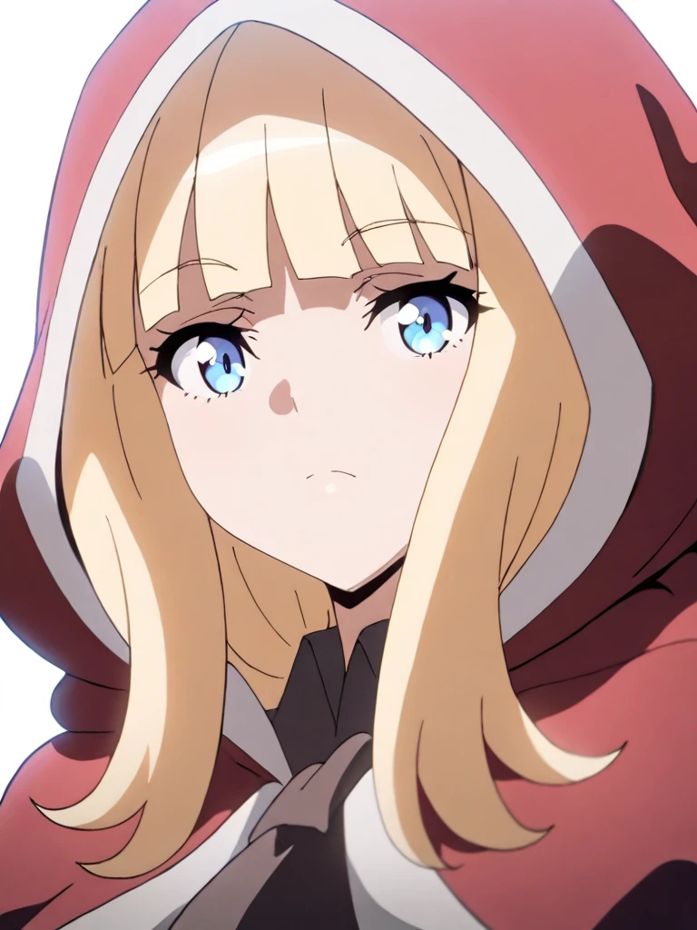 solo,masterpiece,high score,great score,absurdres,portrait,white background,anime coloring,looking at viewer,<lora:Anvil_Goblin'sLair ag4o:1> anvil, blonde hair, long hair, blue eyes,dress,red hood,