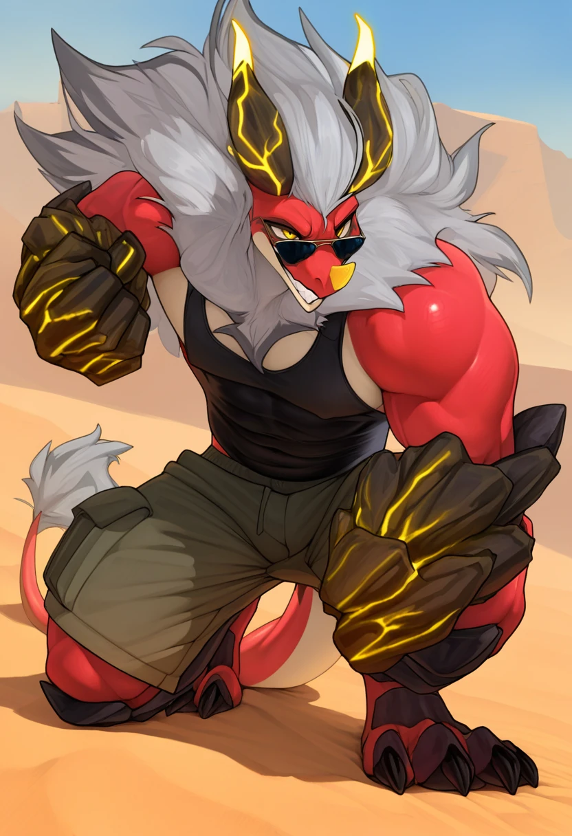 <lora:PW_Blazamut_a1_7_NoobXL-eps:1>,<lora:Spall_Style_Ill_V2:0.5>,<lora:EatSleep1111StyleSDXL11:0.7>,eatsleep1111,artist:spaal,masterpiece,best quality,amazing quality,high quality,very aesthetic,absurdres,newest,shaded,digital media \(artwork\),depth of field,pwbzmt,anthro,male,detailed background,pose,gauntlets,three-quarter view,yellow eyes,tank top,cargo shorts,sunglasses,grin,desert,tail,black claws,dynamic pose,action pose,muscular,