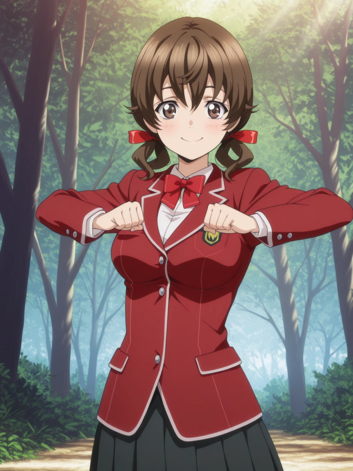 masterpiece, best quality, amazing quality,, <lora:hare-menjou-s1-illustriousxl-lora-nochekaiser:1>, hare menjou, brown hair, twintails, brown eyes, ribbon, hair ribbon, short twintails, mature female, medium breasts, anime screencap, skirt, bow, jacket, pleated skirt, bowtie, blazer, red blazer, red bowtie, black skirt,, <lora:mochi-mochi-dance-illustriousxl-lora-nochekaiser:1>, mochi mochi dance, clenched hands, hands up, smile, blush, Natural settings, trees, rivers, sunlight, wildlife, cowboy shot, solo, looking at viewer,