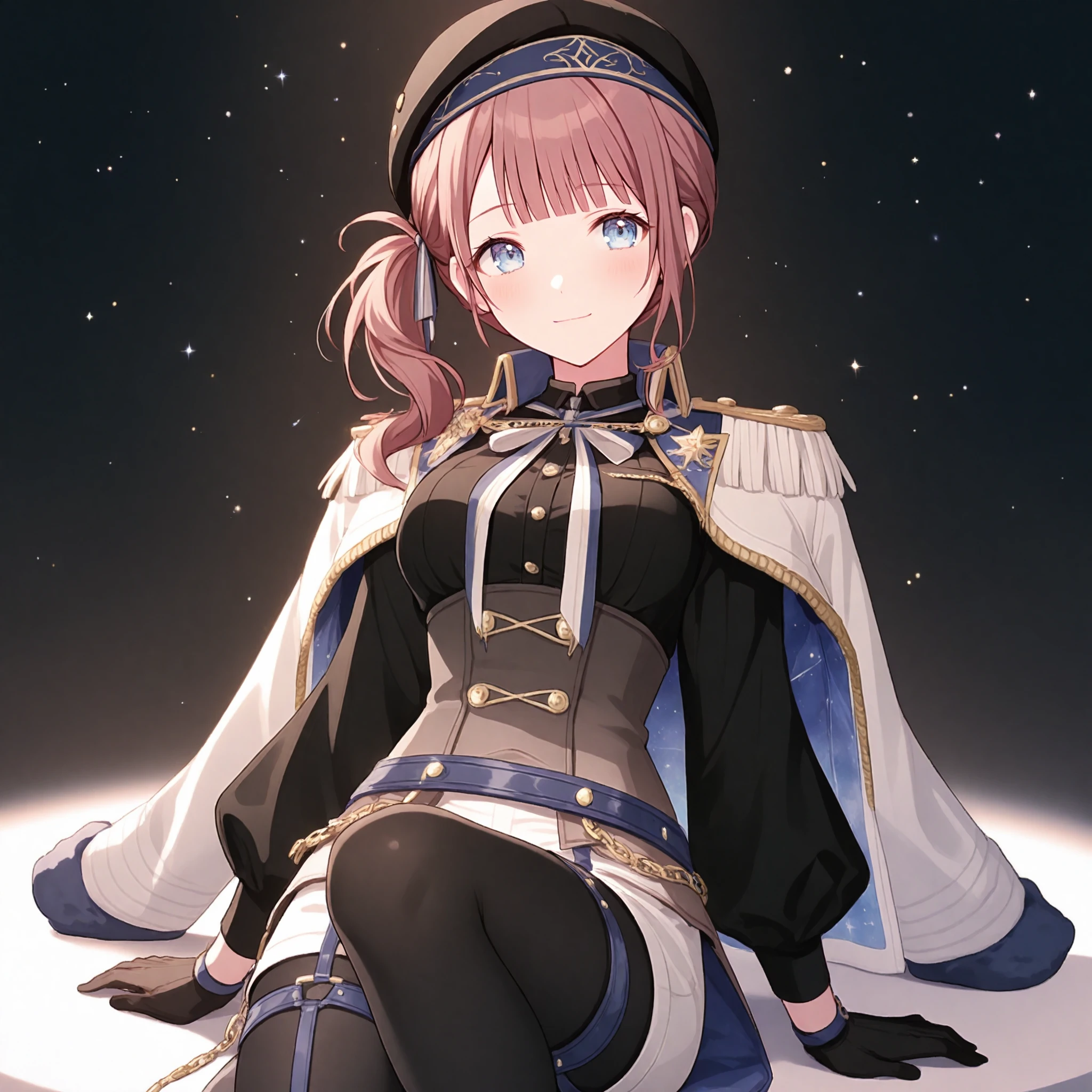 nijistyle, 1girl, michizuki honami, project sekai, solo,
regulushn, blue eyes, side ponytail, blunt bangs, brown hair,
looking at viewer, sitting, leaning back, support arms, knee up, sideways glance, light smile,
black gloves, black headwear, white shorts, corset, puffy long sleeves, black pantyhose, striped ribbon, breasts, epaulettes, black shirt, beret, neck ribbon, white ribbon, white cape, gold trim, high collar, black shirt, jacket on shoulders, aiguillette, chain, buttons, garter straps, light blue fabric,
dark, midnight, beautiful starry sky, leo, regulus, glowing, ray tracing, cinematic lighting,
masterpiece, best quality, amazing quality, very aesthetic, ultra detailed, highres,
<lora:hand 5.5:1>, <lora:IL-style-nijistyle02:0.6>, <lora:IL-leo-RegulusHn01:0.6>