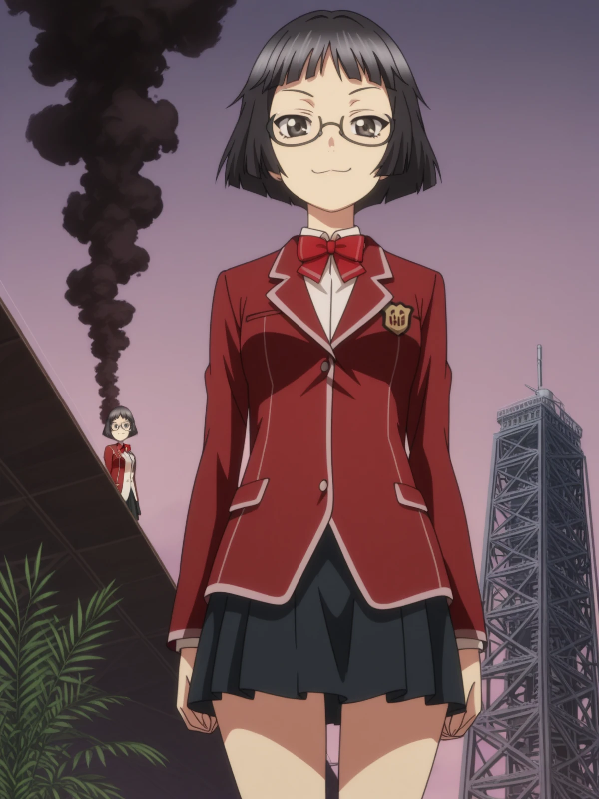 masterpiece, best quality, amazing quality,, <lora:kanon-kusama-s1-illustriousxl-lora-nochekaiser:1>, kanon kusama, short hair, black hair, glasses, black eyes, mature female, small breasts, anime screencap, skirt, bow, jacket, pleated skirt, bowtie, blazer, red blazer, red bowtie, black skirt,, smug, cooling tower, smoke, power, plant, height, cowboy shot, solo, looking at viewer,