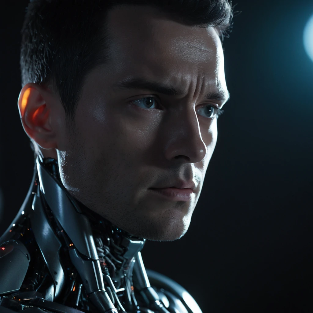 Close-up of a half robot half man android. Cinematic lighting, shadow lighting, looking off-camera. Futuristic scenery, epic, movie lighting, chiseled jawline, serious look, reflective moment. Extremely detailed, highly realistic. DSLR photo, high budget photo.