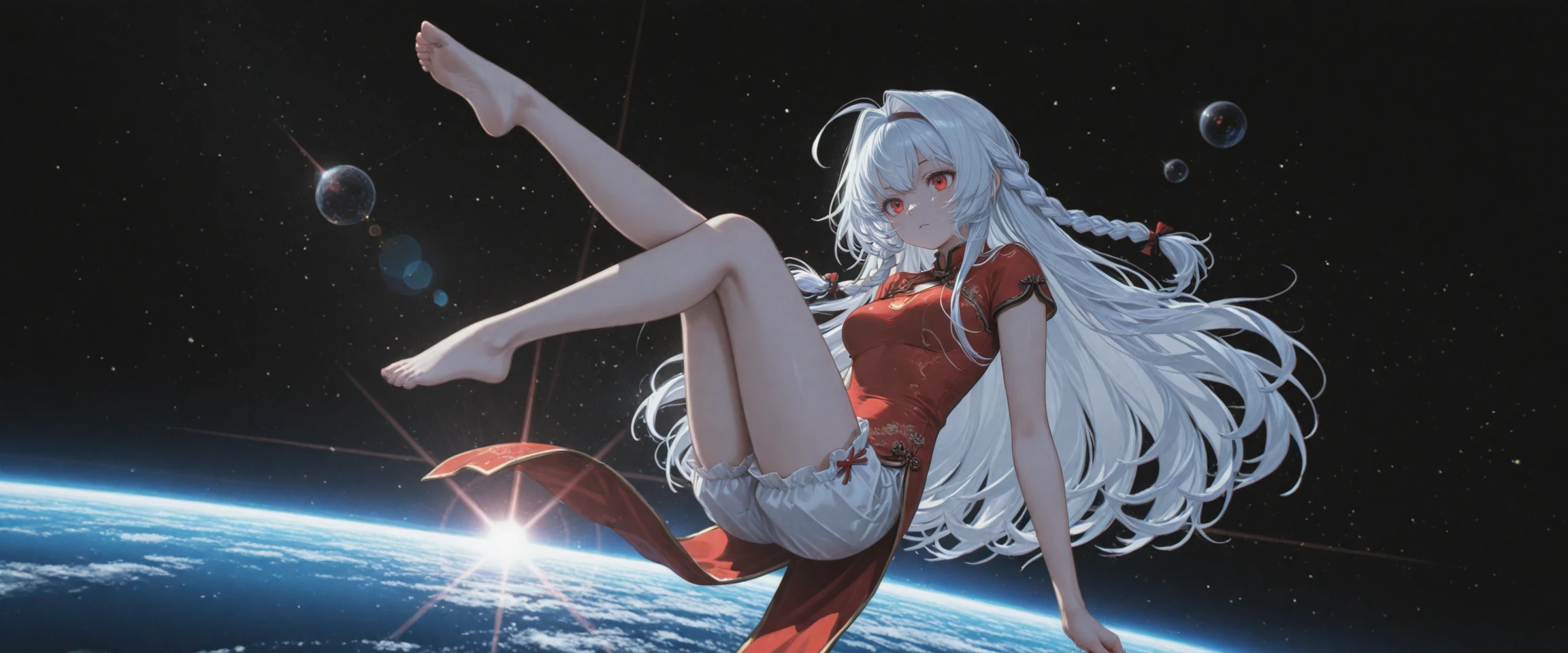 masterpiece,high quality,best quality,newest,incredibly absurdres,high contrast,
<lora:æ®é西æ:0.9>,braid,hair intakes,long hair,red eyes,white hair,
red chinese clothes,white bloomers,space,space background,suspended hair,horizon,sunlight,full body,barefoot,lens_flare,chromatic_aberration,overexposure,strong rim light,Rim Lighting,suspended body,dynamic pose,((wide_shot)),