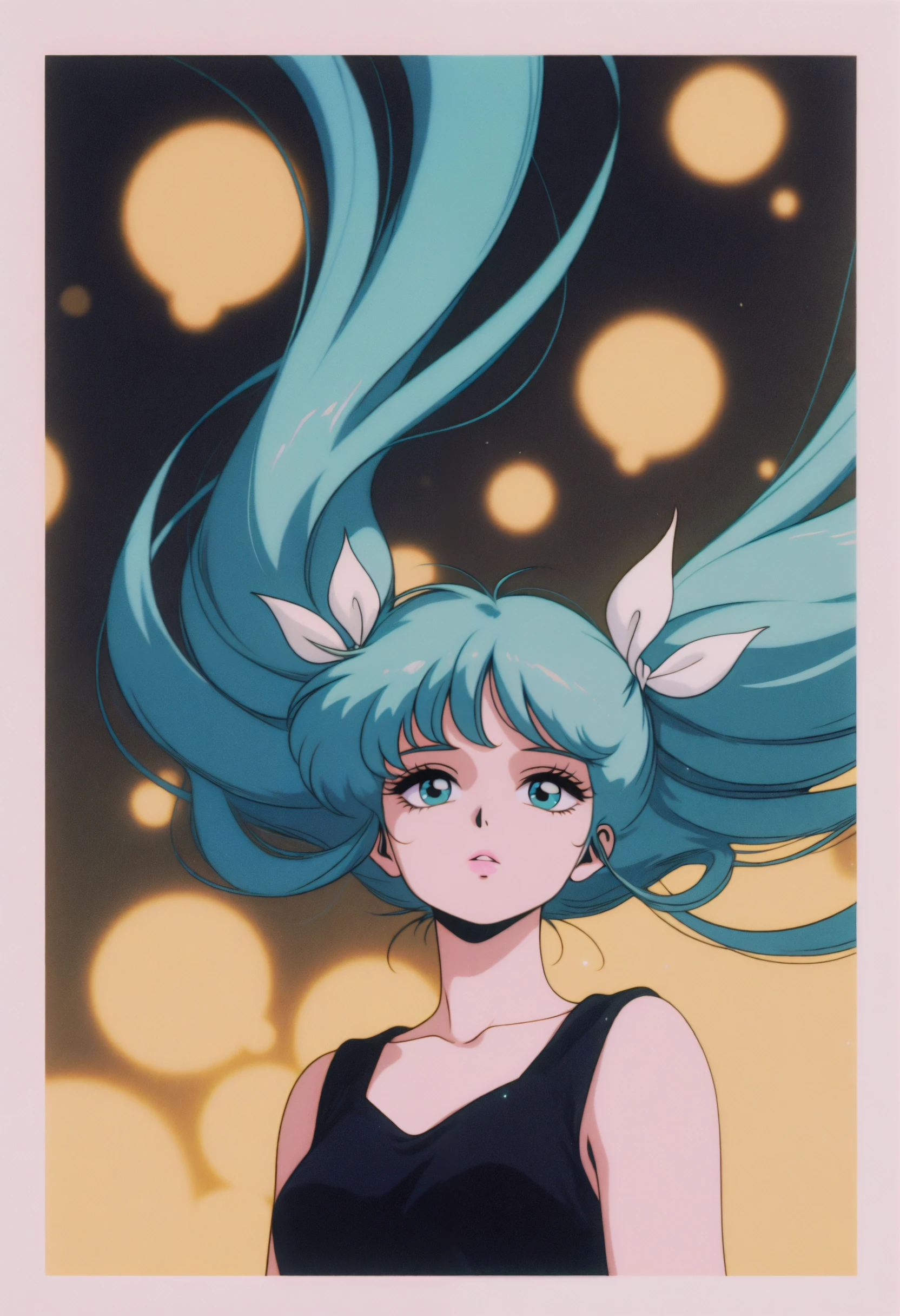 <lora:90retro-illustriousXL_v01_V1-CAME-000036>, 1girl, solo, 90retrostyle, retro artstyle, film grain, depth of field, surreal, floating hair, sleeveless dress, collarbone, blurry background, aqua hair, dress, blurry foreground, border, black dress, ribbon, blue eyes, bokeh, wide shot, light particles, expressionless, bare shoulders, upper body, very long hair, pink lips, hair ribbon, aqua eyes, white ribbon, long hair, white border, twintails, portrait, eyelashes, long eyelashes, parted lips, arms at sides, yellow background, looking at viewer, sleeveless, blurry, 1980s \(style\),