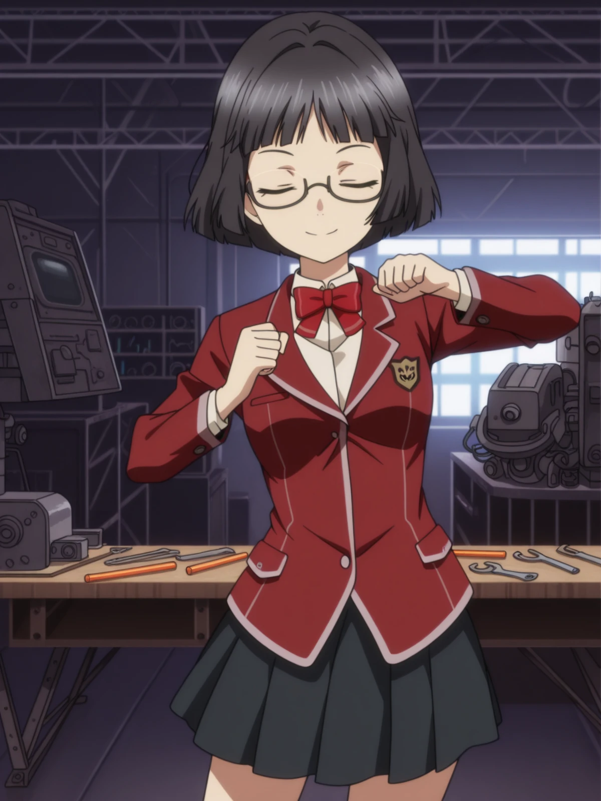 masterpiece, best quality, amazing quality,, <lora:kanon-kusama-s1-illustriousxl-lora-nochekaiser:1>, kanon kusama, short hair, black hair, glasses, black eyes, mature female, small breasts, anime screencap, skirt, bow, jacket, pleated skirt, bowtie, blazer, red blazer, red bowtie, black skirt,, <lora:shikairo-days-dance-illustriousxl-lora-nochekaiser:1>, shikairo days dance, shikairo days dance (meme), dancing, meme, closed eyes, clenched hands, glowsticks, smile, cowboy shot, workshop, tools, workbench, projects, machinery, cowboy shot, solo, looking at viewer,