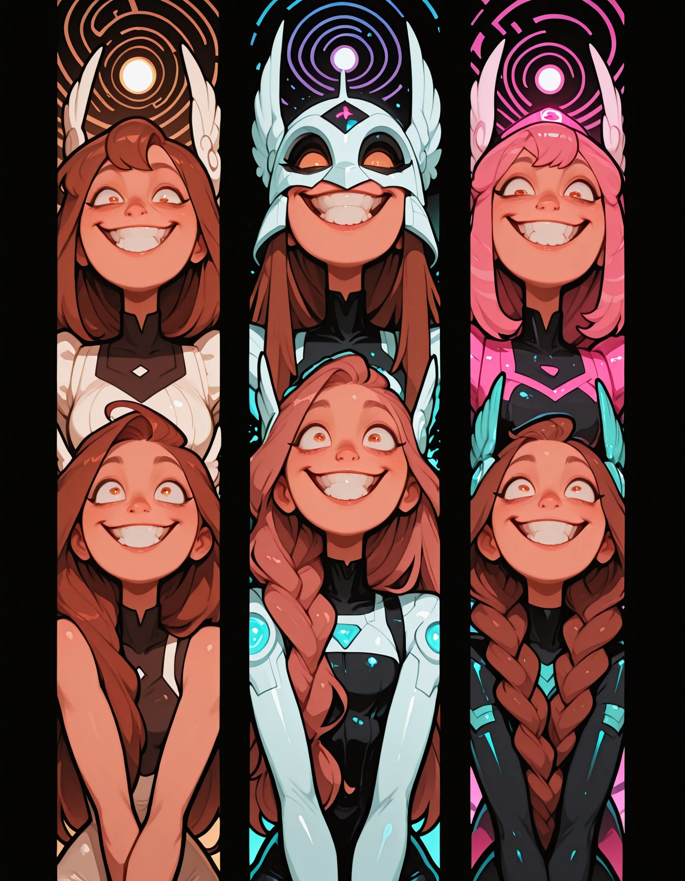 woman, angry, crazy smile, very long hair, reddish brown hair, braided bangs, brushing hair, taupe skin, winged helmet, \o/, dissolving, unitard, column lineup, face, light peach theme and cerise pink highlights, synthwave neon lights, glowy magenta and cyan, sharp contrast, specular edge, luminous shadow play, Rembrandt lighting, low key lighting, spiral background,masterpiece, best quality, highres, newest, year 2024, absurdres, m4ch_illu, machigami_yoh_illu,cubism,abstract