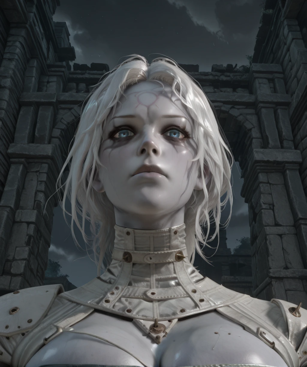 laxasiaxl, white hair, blue eyes, facial mark, forehead mark,
white , serious, from below, cleavage,
close up,
night, ruins,
looking at viewer,
(insanely detailed, masterpiece, best quality), <lora:laxasiaTCXL-12v1-iLL:1>,