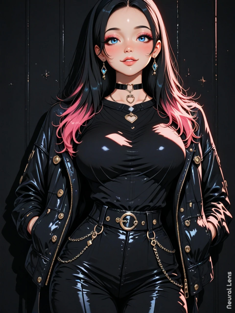 masterpiece, best quality, very awa, absurdres, Good quality, very aesthetic, newest, very sexy girl, sexy figure, 1girl, 25yo, black hair, blue eyes, long eyelashes, black headband, medium breast, black choker, black shirt, black collar, black jacket, black wall background, beautiful face, makeup on eyelashes, long hair, pink hair tips, blushing, full lips, large earring, short nails, casual outfit, sexy look, seductive expression, sideways glance, slight smile, standing pose, visible neck, black nail polish, glossy lips, light makeup, earrings, necklace, front view, button-down shirt, loose hair, unbuttoned shirt, confident stance