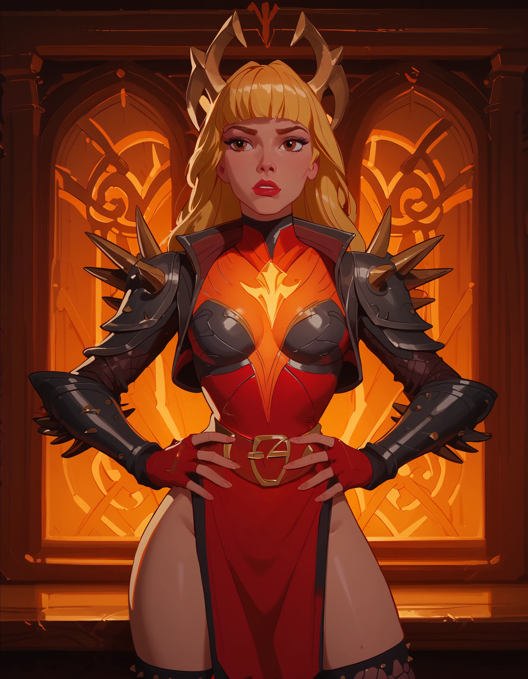 <lora:Disney_Style:1> <lora:Disney_Animation_Pony_v1:0.1> <lora:princess_xl_v2:.75> <lora:add-detail-xl:.9> <lora:g0th1cPXL:.3> <lora:Cherry-Gig:.45> <lora:Expressive_H:1> <lora:PLASTT_PonyV6:1> score_9, score_8_up, score_7_up, zPDXL, (DisneyRenstyle), score_9,score_8_up,score_7_up,score_6_up,
1girl, solo, (((Magik, Standing, Phoenix Demon Outfit, 3/4 view, ambient light, indoors, bedroom)))
(((blonde, red hair, fringe, bangs))), gold crown, shoulder armor, spiky arm armor, red fingerless gloves, (short red pelvic curtain), spiky fishnet leggings, hands on hips,
perfect face, beautiful face, serious expression, red lips, brown eyes, slender, sexy thighs,
<lora:Magik_-_Phoenix_Demon_Outfit__Marvel_Rivals:0.7>