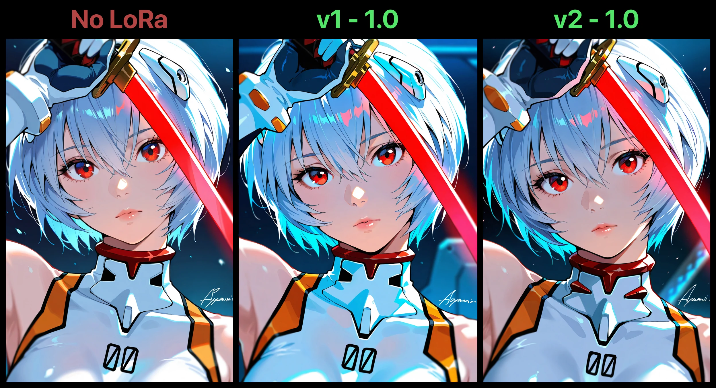 masterpiece, best quality, amazing quality, very aesthetic, high resolution, ultra detailed, perfect details, 1girl, solo, looking at viewer, short hair, gloves, red eyes, holding, hair between eyes, closed mouth,  shoulders, blue hair, upper body, white hair, weapon, parted lips, sleeveless, artist name, signature, sword, holding weapon, blurry, arm up, lips, head tilt, , depth of field, expressionless, glowing, holding sword, portrait, katana, close-up, science fiction, nose, realistic, pilot suit, plugsuit, white , interface headset, glowing weapon, glowing sword, ayanami rei