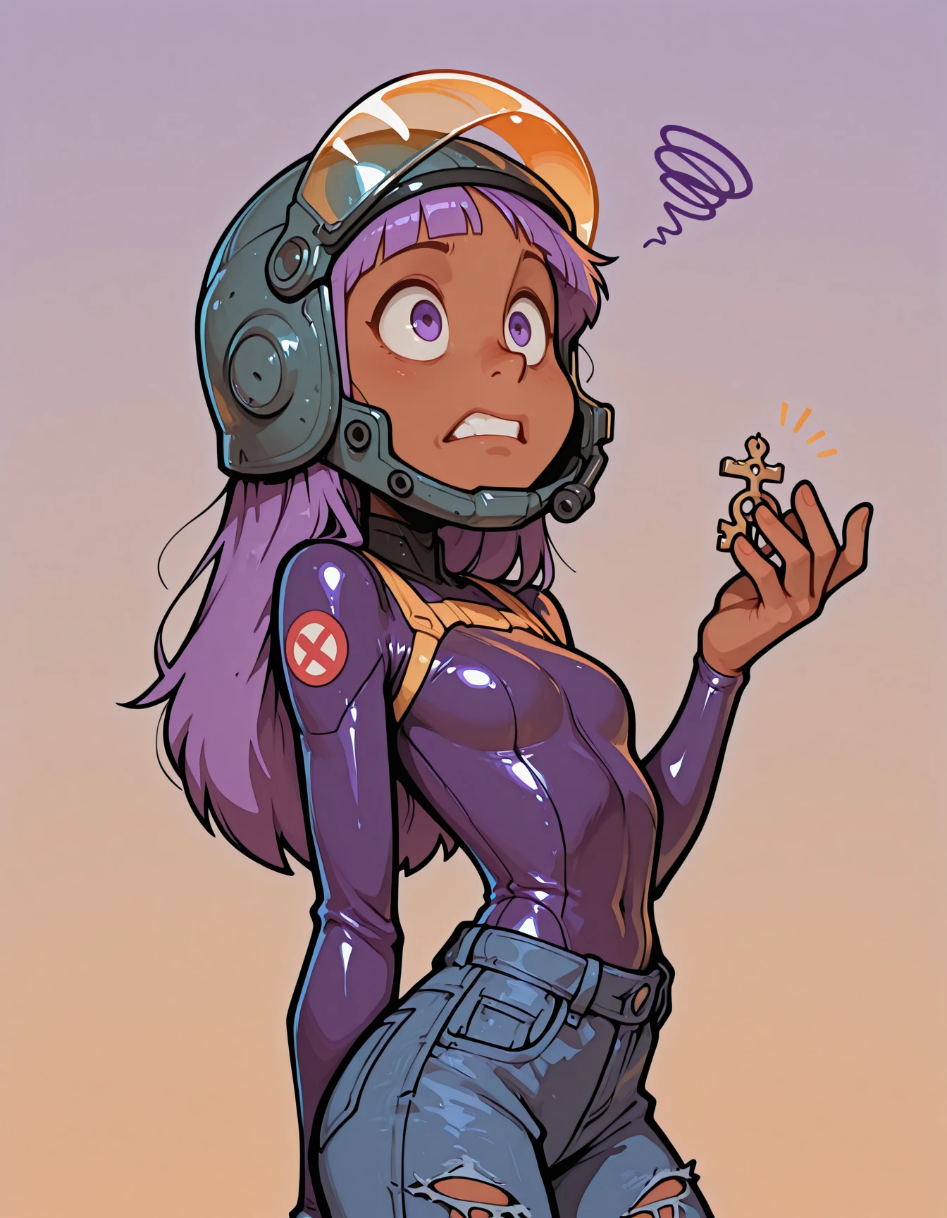 woman, confused, clenched teeth,squiggle, shouten pegasus mix mori, arched bangs, hair down, brown skin, pilot helmet, reaching, holding, open-back bodysuit and ripped jeans, faux traditional media, unfinished, sunshine yellow and grape purple, (minimalist:1.2), (soft light silhouette:1.3), haze edge, cool ambient, keylight only, gradient background,masterpiece, best quality, highres, newest, year 2024, absurdres, Nichijou_illu,style parody, anime screenshot