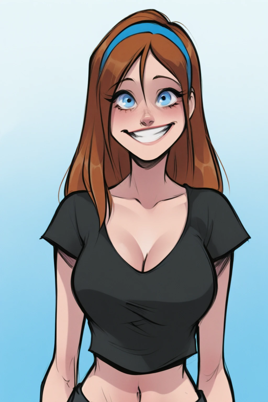 {{masterpiece,best quality,amazing quality}}, 1girl, solo, looking at viewer, upper body,
jago_erika, brown hair, long hair, blue hairband, blue eyes, grin, happy, large breasts, black crop top, loose crop top, cleavage, navel, short sleeves 
<lora:Erika_illustrious:0.7> <lora:Gretel_Lusky illustrious:1>