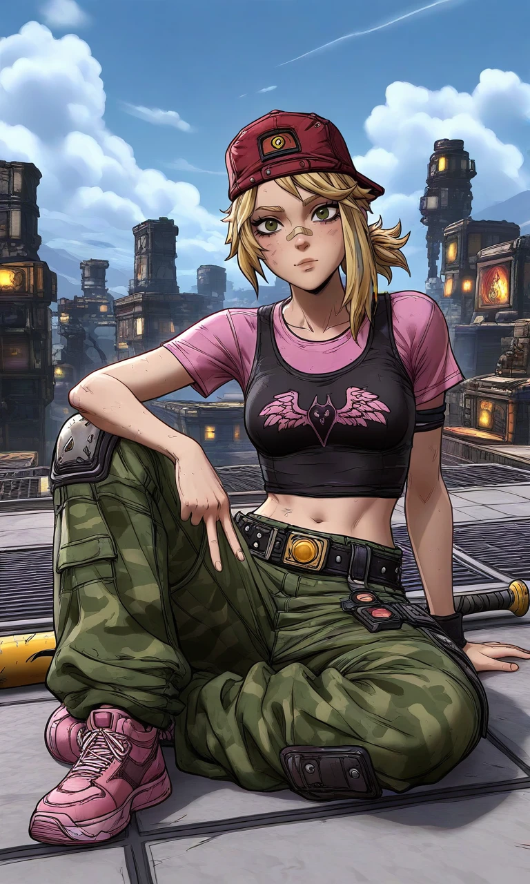 solo,<lora:borderlands-style:1>,1girl,baseball bat, red headwear, messy hair, blonde hair, ponytail, single sidelock,striped sidelock,brown eyes, bandaid on nose, cropped shirt, crop top,t-shirt, black tank top over t-shirt, pink shirt,pink wing print, black-trimmed sleeves,short sleeves, navel, black belt, studded belt, camouflage pants, green pants,baggy pants,rooftop, sitting, sneakers, pink footwear, v