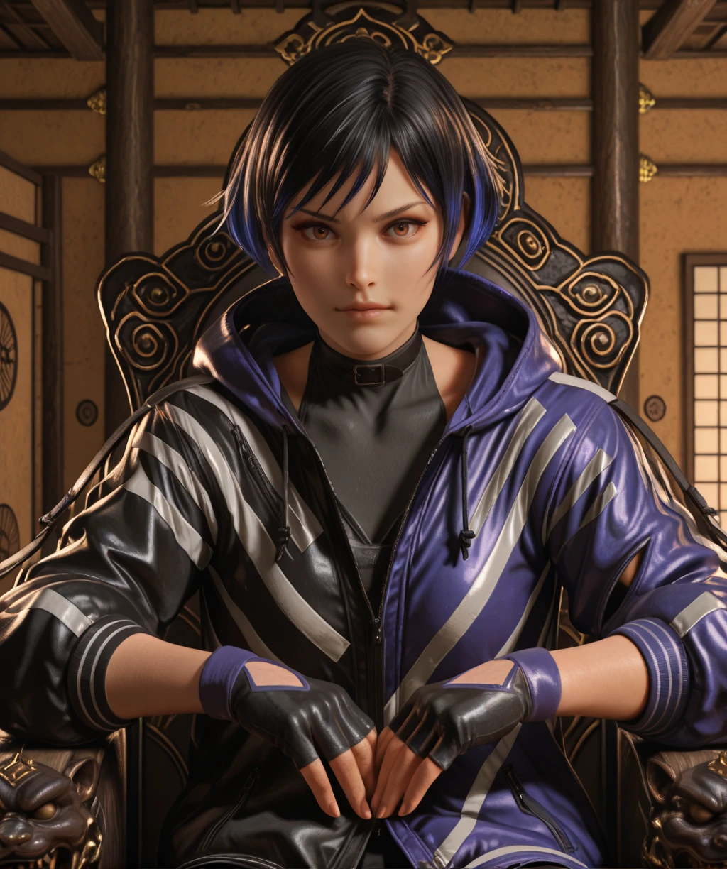 reinamxl, brown eyes, black hair, two-tone hair,
multicolored jacket, brown eyes, fingerless gloves,
upper body, looking at viewer,
indoors, sitting on throne, dojo,
dark, wall,
(insanely detailed, masterpiece, best quality), <lora:ReinaMXL-12v1-iLL:1>,