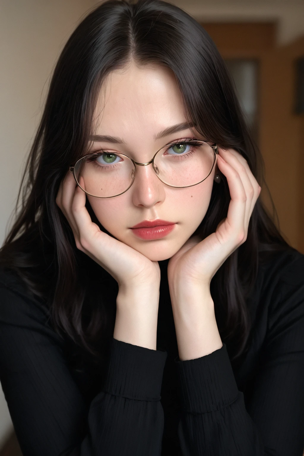 masterpiece, best quality, amazing quality, very aesthetic, high resolution, ultra detailed, perfect details, realistic, photorealistic, BSS_RSGRL, 1girl, solo, green_eyes, glasses, black_hair, round_eyewear, looking_at_viewer, lips, red_lips, head_rest, dress, black_dress, eyelashes, upper_body, long_hair, long_sleeves, closed_mouth, makeup, mole_under_eye, mole, freckles, blurry