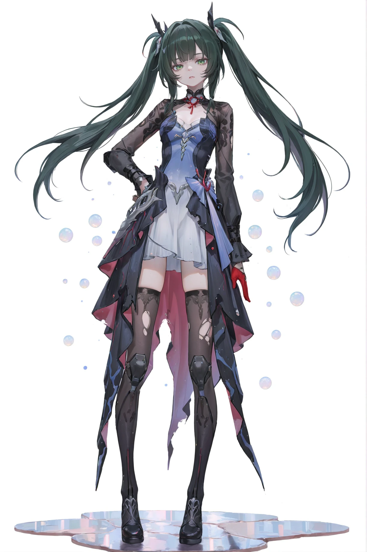 8k,best quality,masterpiece,(ultra-detailed),(high detailed skin),
(artist:reoen:0.826446),(artist:machi:0.9),(artist:ningen_mame:0.9),(artist:sho_(sho_lwlw):0.9),(artist:rhasta:0.9),(artist:wlop:0.7),(artist:ke-ta:0.6),(fkey:0.5),(tianliang duohe fangdongye:0.5),(hiten \(hitenkei\):0.6),best quality,amazing quality,(artist:onineko:0.826446),very aesthetic,bokeh,
masterpiece,best quality,<lora:wqmt-gnoob-Tanger:0.4>,Path to Nowhere \(video game\),game CG,cool,
full body,full shot,standing,looking at viewer,(solo:1.2),simple background,(white background:1.2),hand on own hip,(white background:1.1),
<lora:qinyi-noob-Tanger:0.6>,qinyi,1girl,long hair,green hair,green eyes,robot joints,twintails,
<lora:Hysilens-noob-Tanger:0.9>,
clothes: Hysilensdef white-and-black dress,Hysilensdef thighhighs,Hysilensdef mismatched gloves,long sleeves,torn thighhighs,black left glove,red right glove,